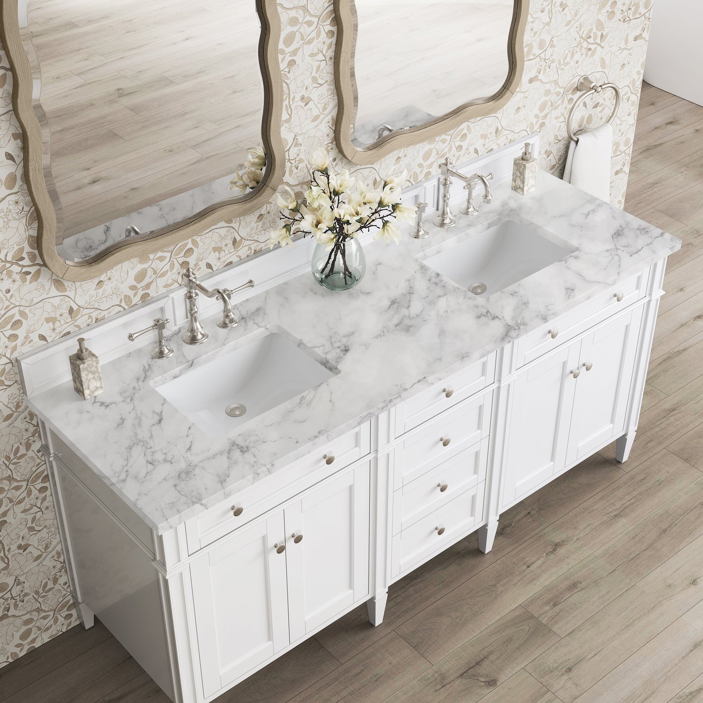 
                  
                    Brittany 72" Double Vanity in Bright White Double bathroom Vanity James Martin Vanities Carrara White Marble 
                  
                