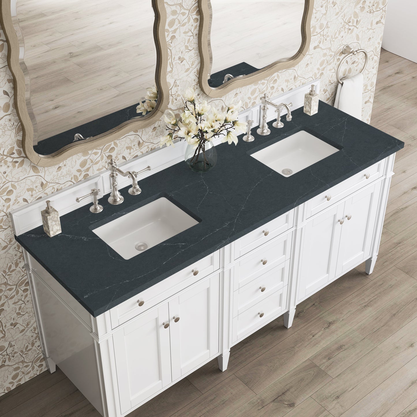 
                  
                    Brittany 72" Double Vanity in Bright White Double bathroom Vanity James Martin Vanities Charcoal Soapstone Silestone 
                  
                