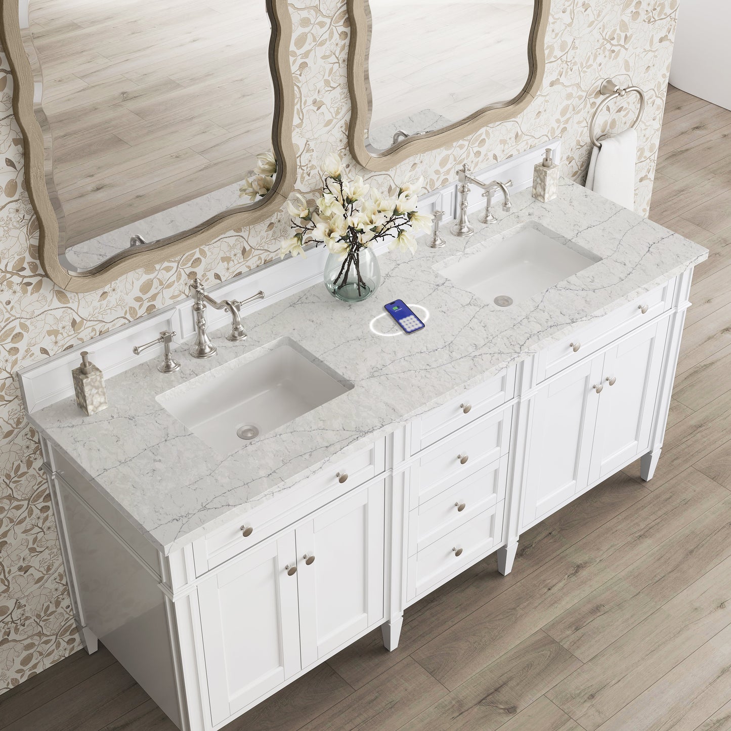 
                  
                    Brittany 72" Double Vanity in Bright White Double bathroom Vanity James Martin Vanities FreePower-Enabled Eternal Jasmine Pearl Silestone 
                  
                