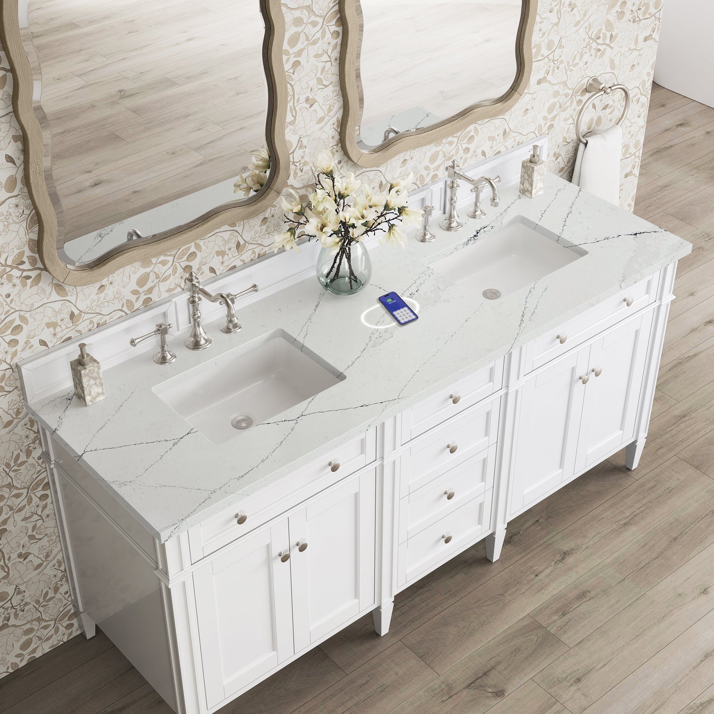 
                  
                    Brittany 72" Double Vanity in Bright White Double bathroom Vanity James Martin Vanities FreePower-Enabled Ethereal Noctis Silestone 
                  
                