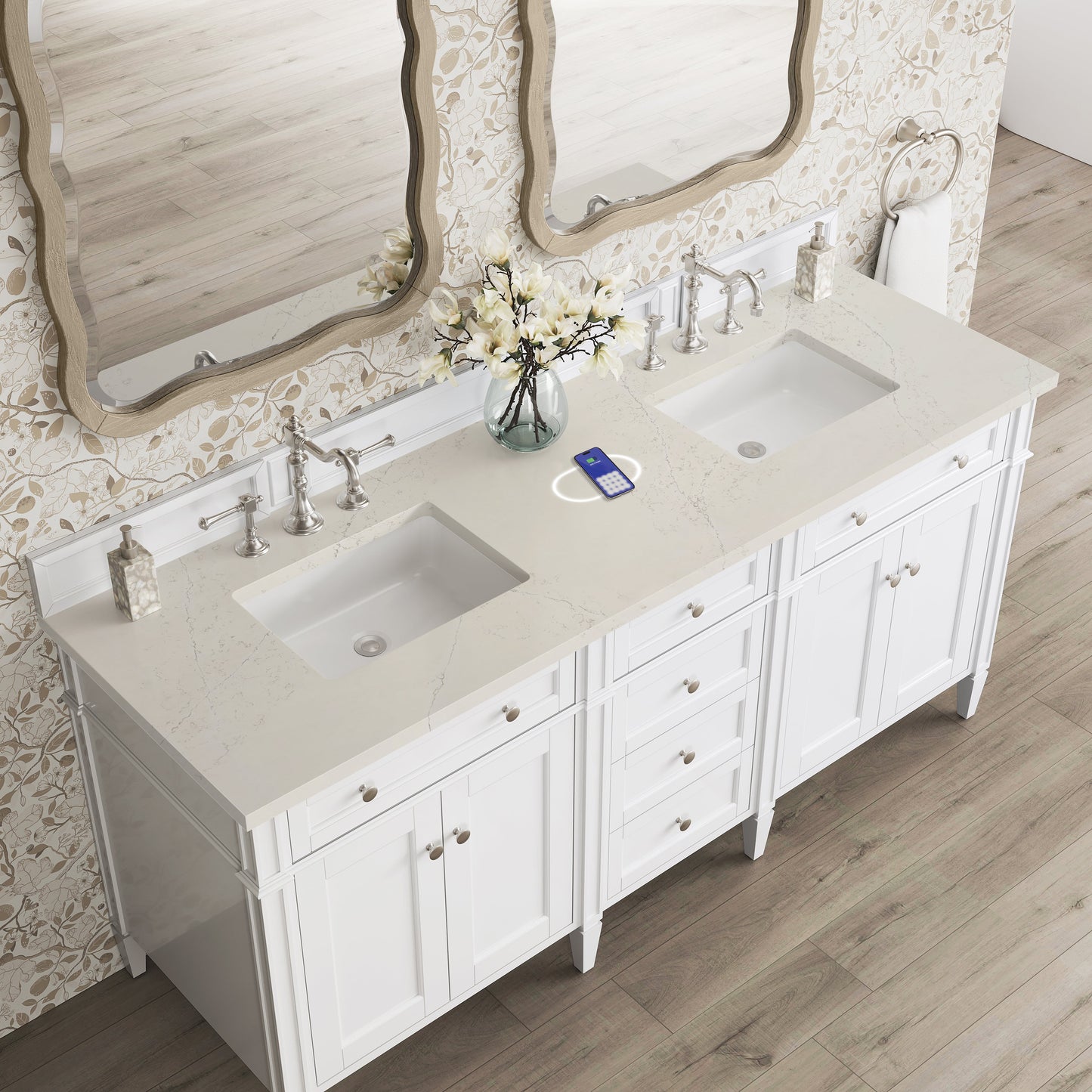 
                  
                    Brittany 72" Double Vanity in Bright White Double bathroom Vanity James Martin Vanities FreePower-Enabled Siberian Silestone 
                  
                