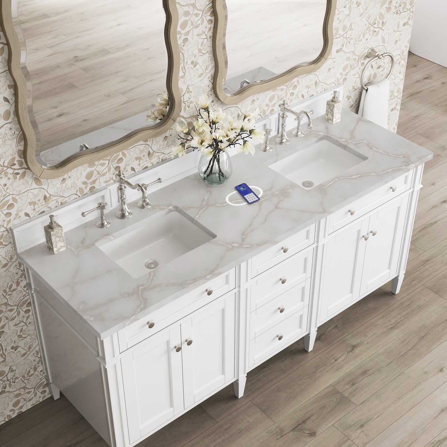 
                  
                    Brittany 72" Double Vanity in Bright White Double bathroom Vanity James Martin Vanities FreePower-Enabled Victorian Silver Silestone 
                  
                