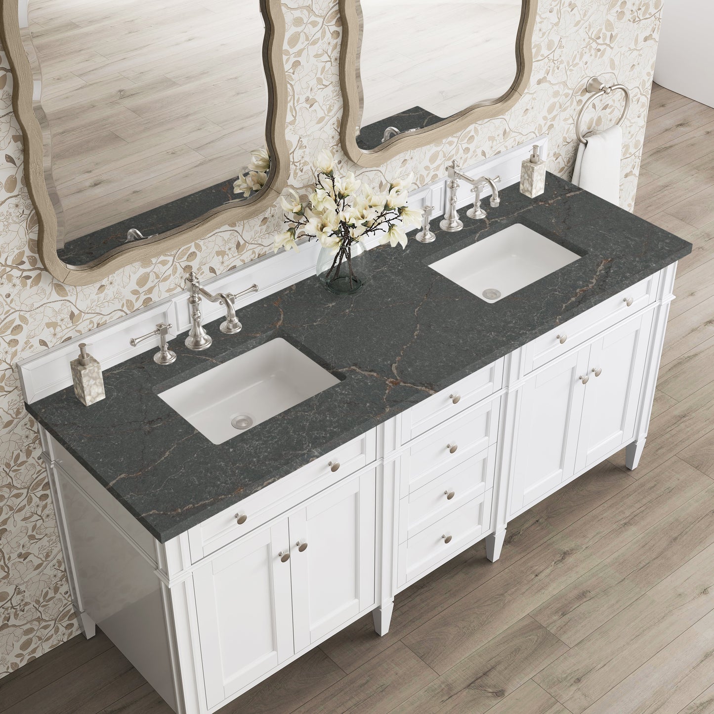 
                  
                    Brittany 72" Double Vanity in Bright White Double bathroom Vanity James Martin Vanities Parisien Bleu Silestone 
                  
                