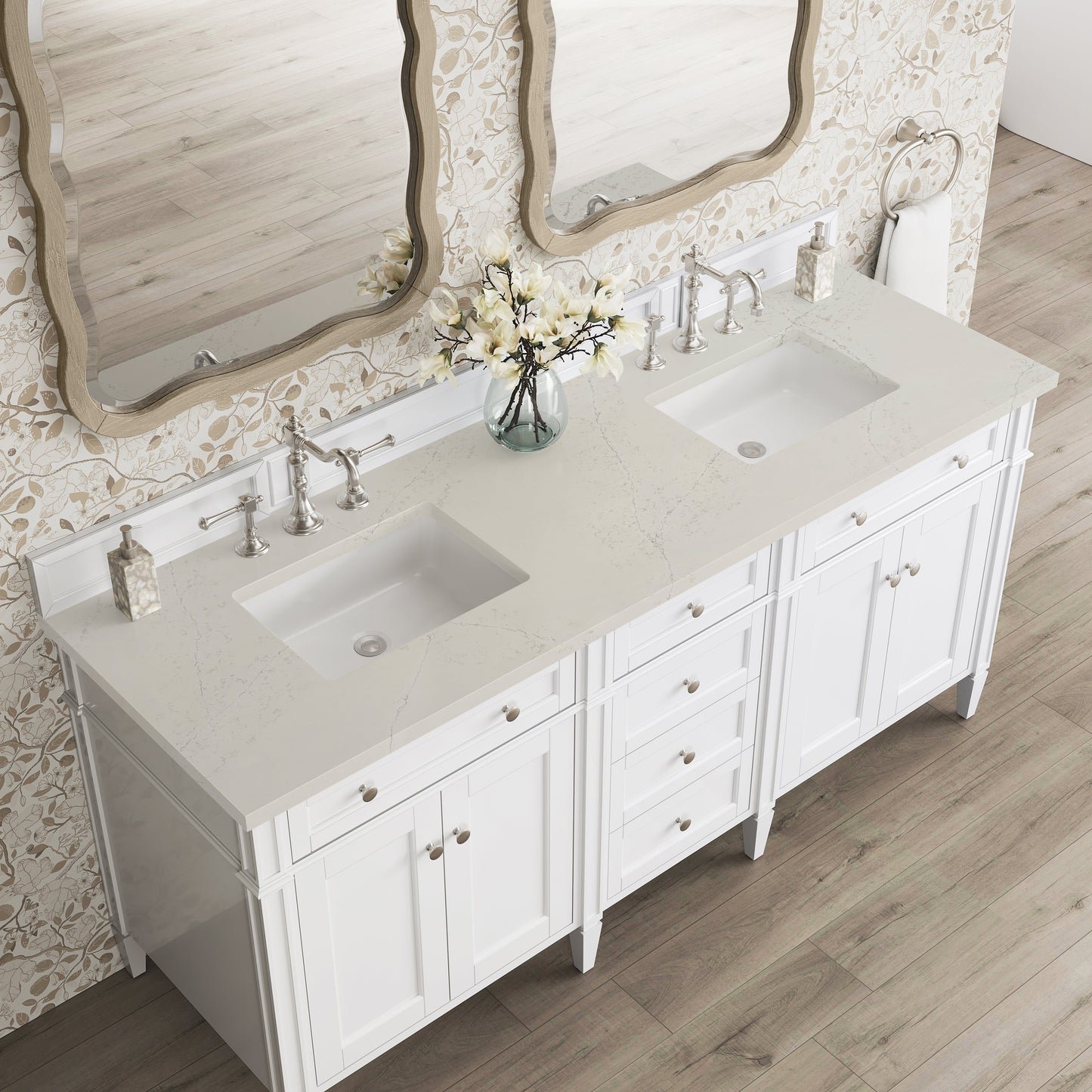 
                  
                    Brittany 72" Double Vanity in Bright White Double bathroom Vanity James Martin Vanities Siberian Silestone 
                  
                