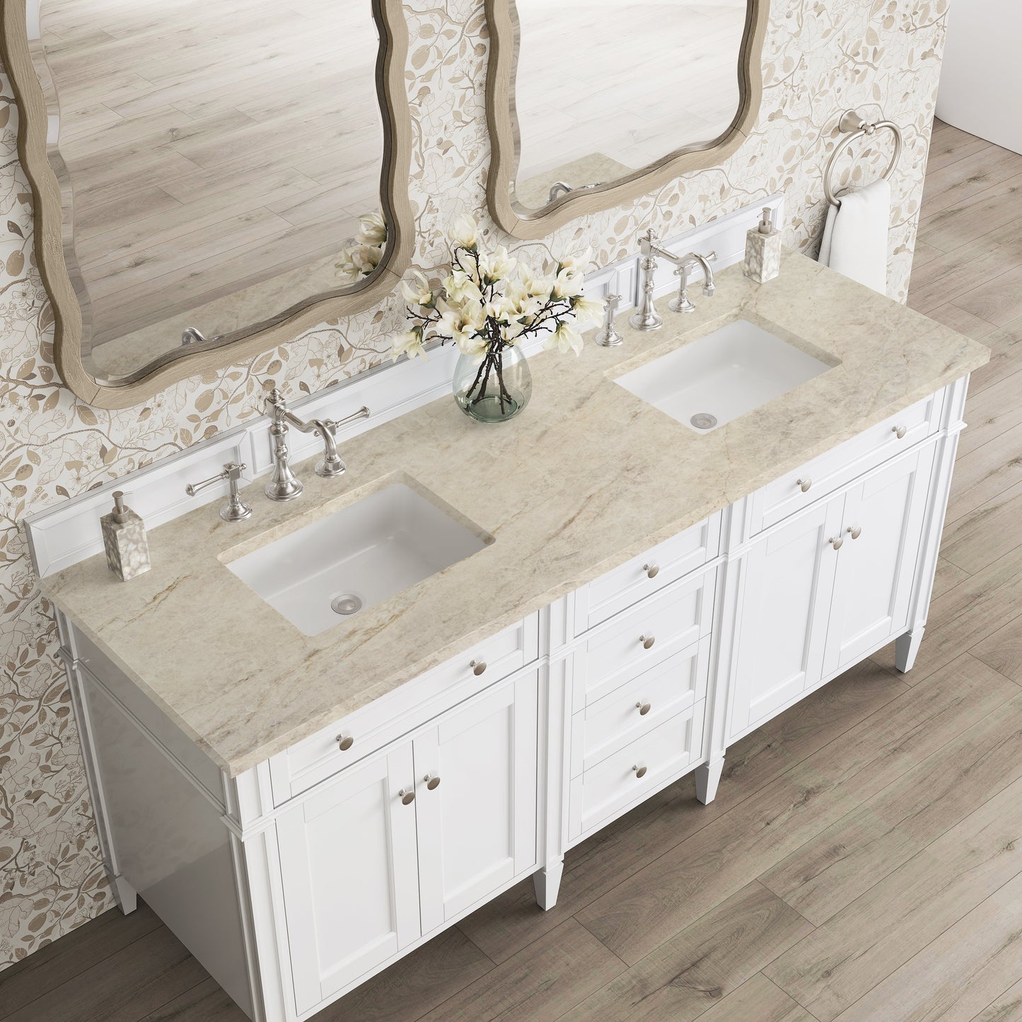 
                  
                    Brittany 72" Double Vanity in Bright White Double bathroom Vanity James Martin Vanities Tajnar Eclos 
                  
                