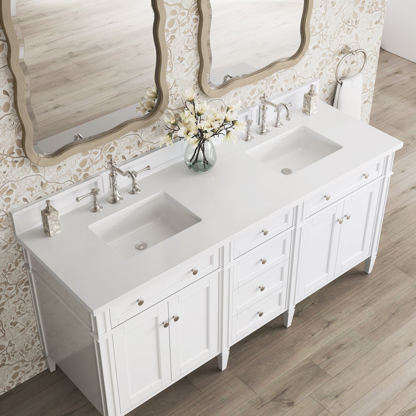 
                  
                    Brittany 72" Double Vanity in Bright White Double bathroom Vanity James Martin Vanities White Zeus Silestone 
                  
                