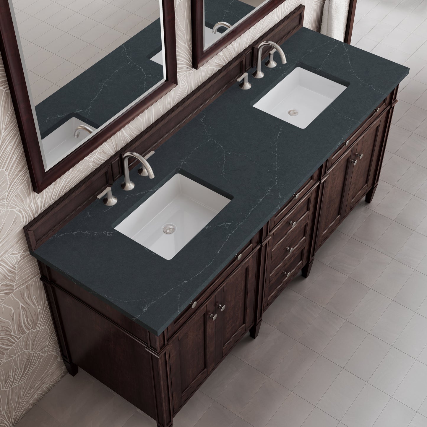 
                  
                    Brittany 72" Double Vanity in Burnished Mahogany Double bathroom Vanity James Martin Vanities Charcoal Soapstone Silestone 
                  
                
