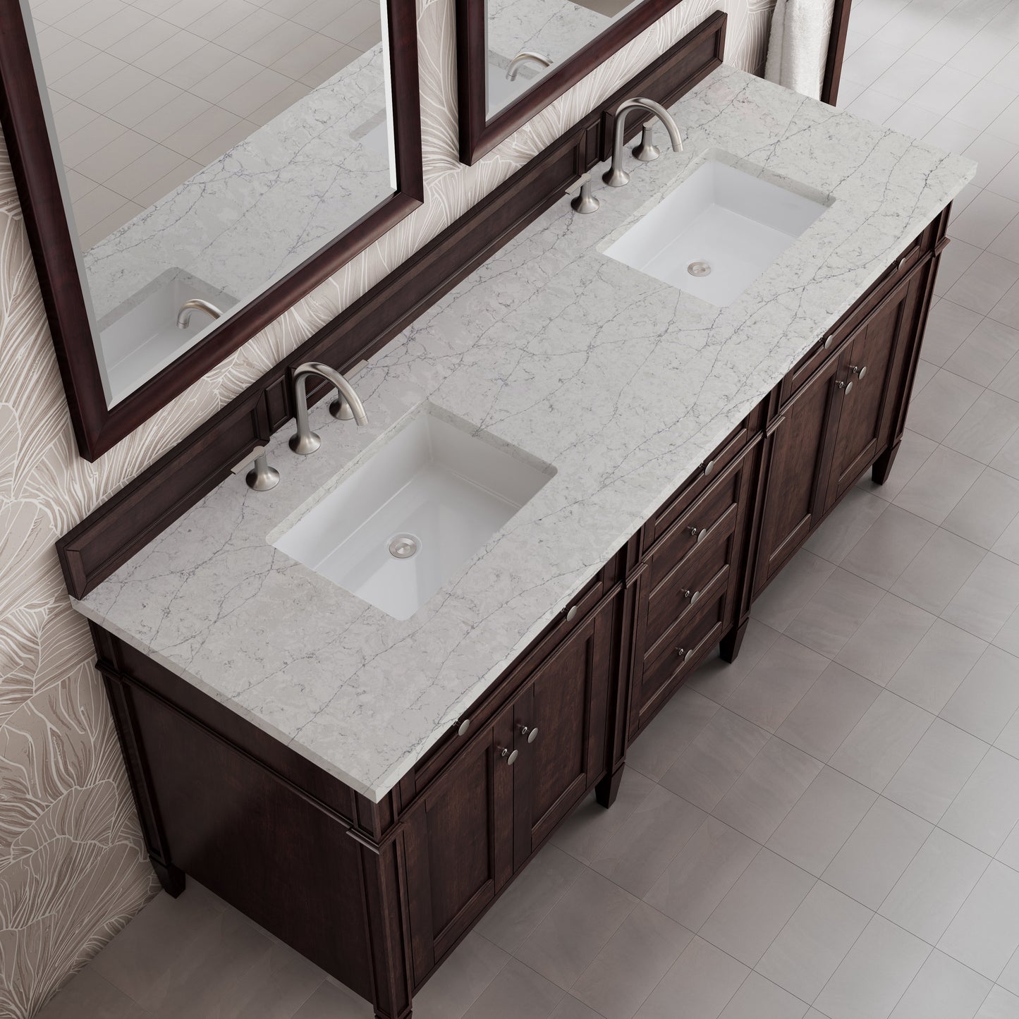 
                  
                    Brittany 72" Double Vanity in Burnished Mahogany Double bathroom Vanity James Martin Vanities Eternal Jasmine Pearl Silestone 
                  
                