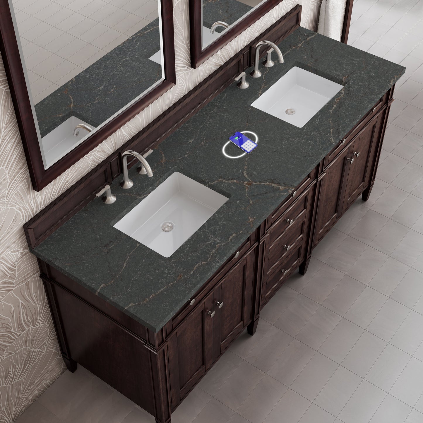 
                  
                    Brittany 72" Double Vanity in Burnished Mahogany Double bathroom Vanity James Martin Vanities FreePower-Enabled Parisien Bleu Silestone 
                  
                