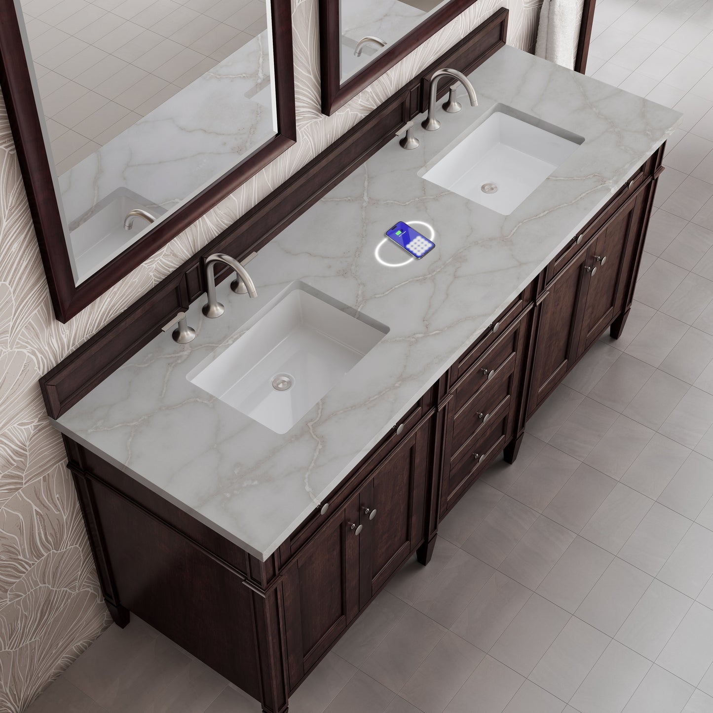 
                  
                    Brittany 72" Double Vanity in Burnished Mahogany Double bathroom Vanity James Martin Vanities FreePower-Enabled Victorian Silver Silestone 
                  
                