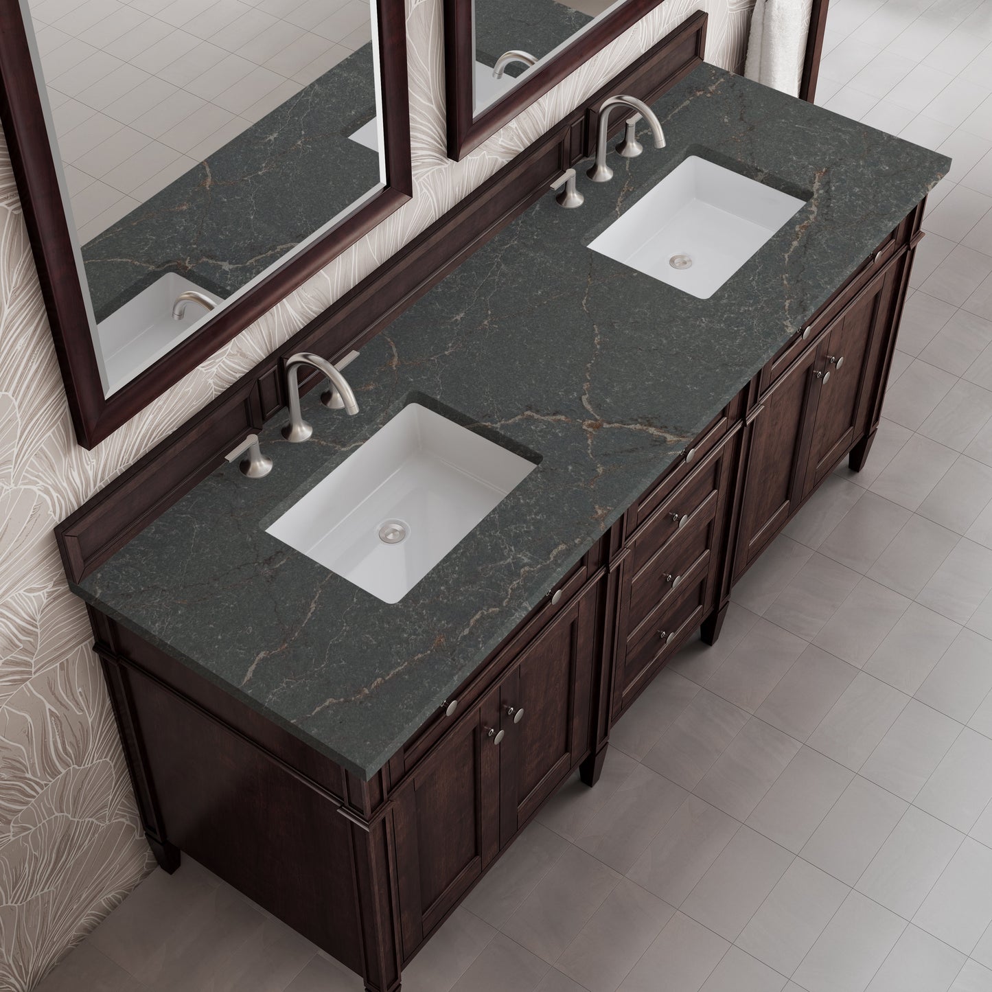
                  
                    Brittany 72" Double Vanity in Burnished Mahogany Double bathroom Vanity James Martin Vanities Parisien Bleu Silestone 
                  
                
