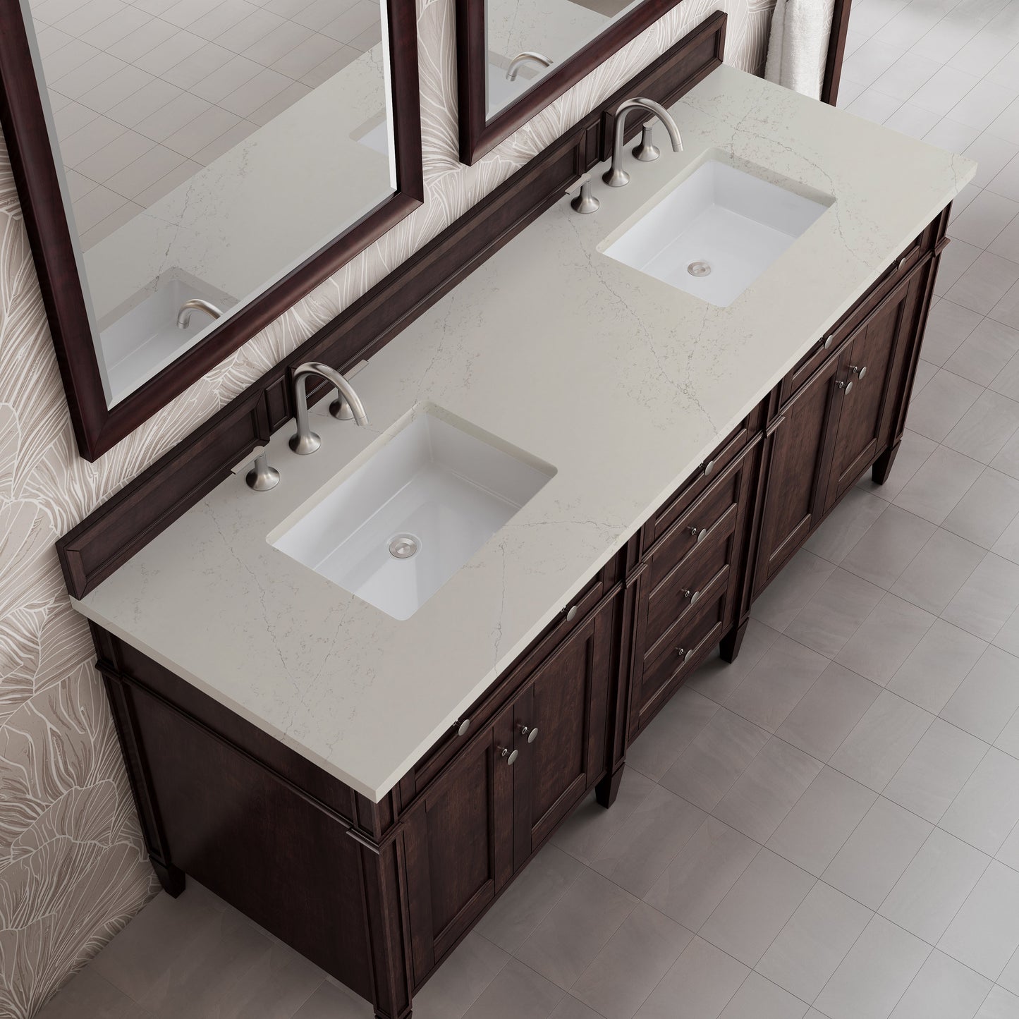 
                  
                    Brittany 72" Double Vanity in Burnished Mahogany Double bathroom Vanity James Martin Vanities Siberian Silestone 
                  
                