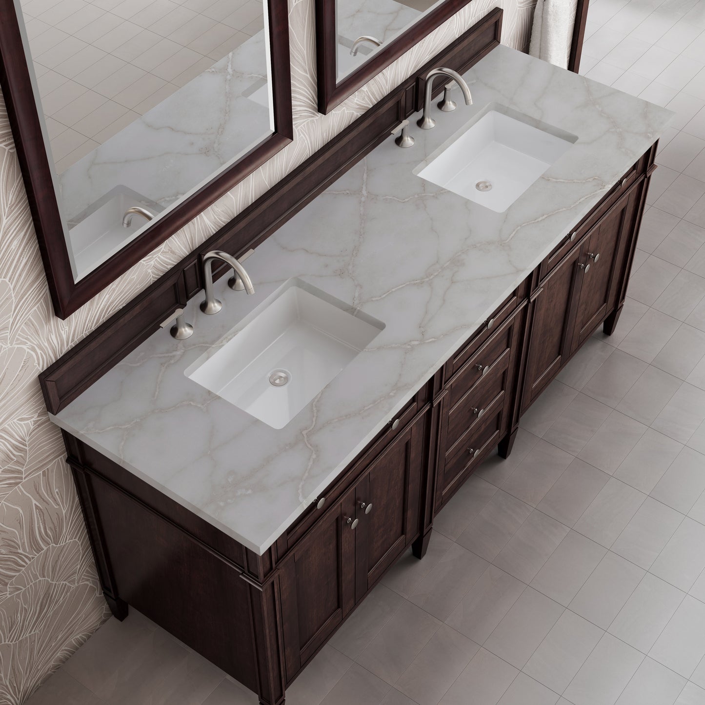 
                  
                    Brittany 72" Double Vanity in Burnished Mahogany Double bathroom Vanity James Martin Vanities Victorian Silver Silestone 
                  
                
