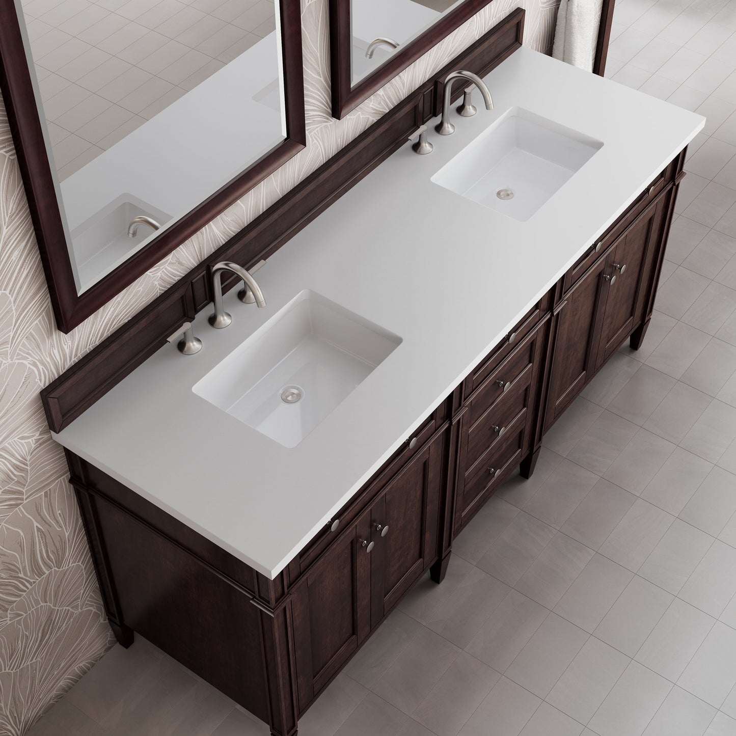 
                  
                    Brittany 72" Double Vanity in Burnished Mahogany Double bathroom Vanity James Martin Vanities White Zeus Silestone 
                  
                