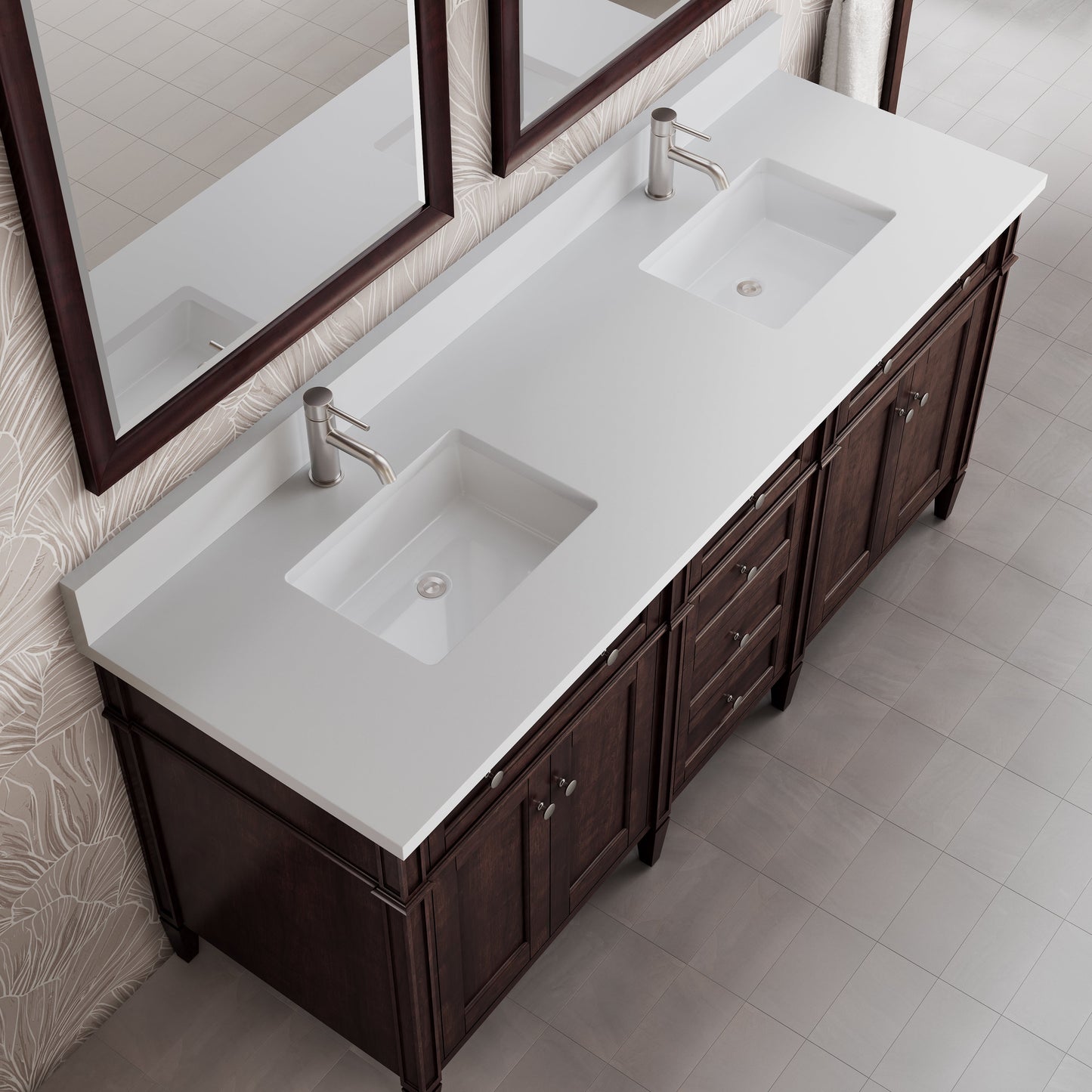 
                  
                    Brittany 72" Double Vanity in Burnished Mahogany Double bathroom Vanity James Martin Vanities White Zeus Single Faucet Silestone Top w/Backsplash 
                  
                