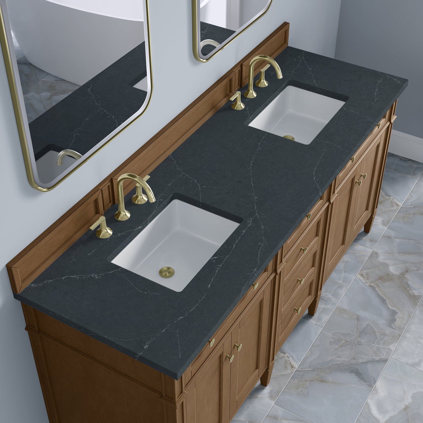 
                  
                    Brittany 72" Double Vanity in Pecan Double bathroom Vanity James Martin Vanities Charcoal Soapstone Silestone 
                  
                