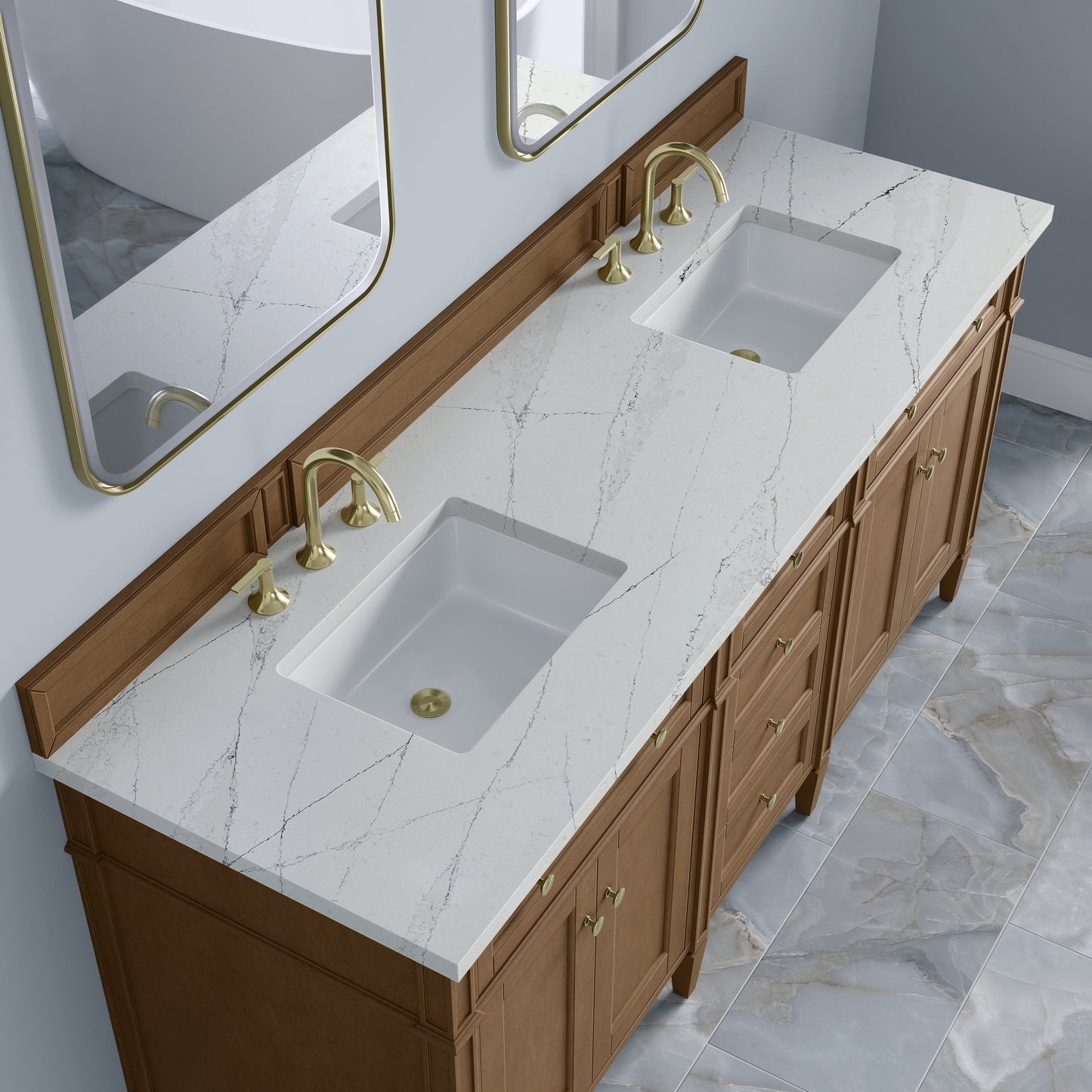
                  
                    Brittany 72" Double Vanity in Pecan Double bathroom Vanity James Martin Vanities Ethereal Noctis Silestone 
                  
                