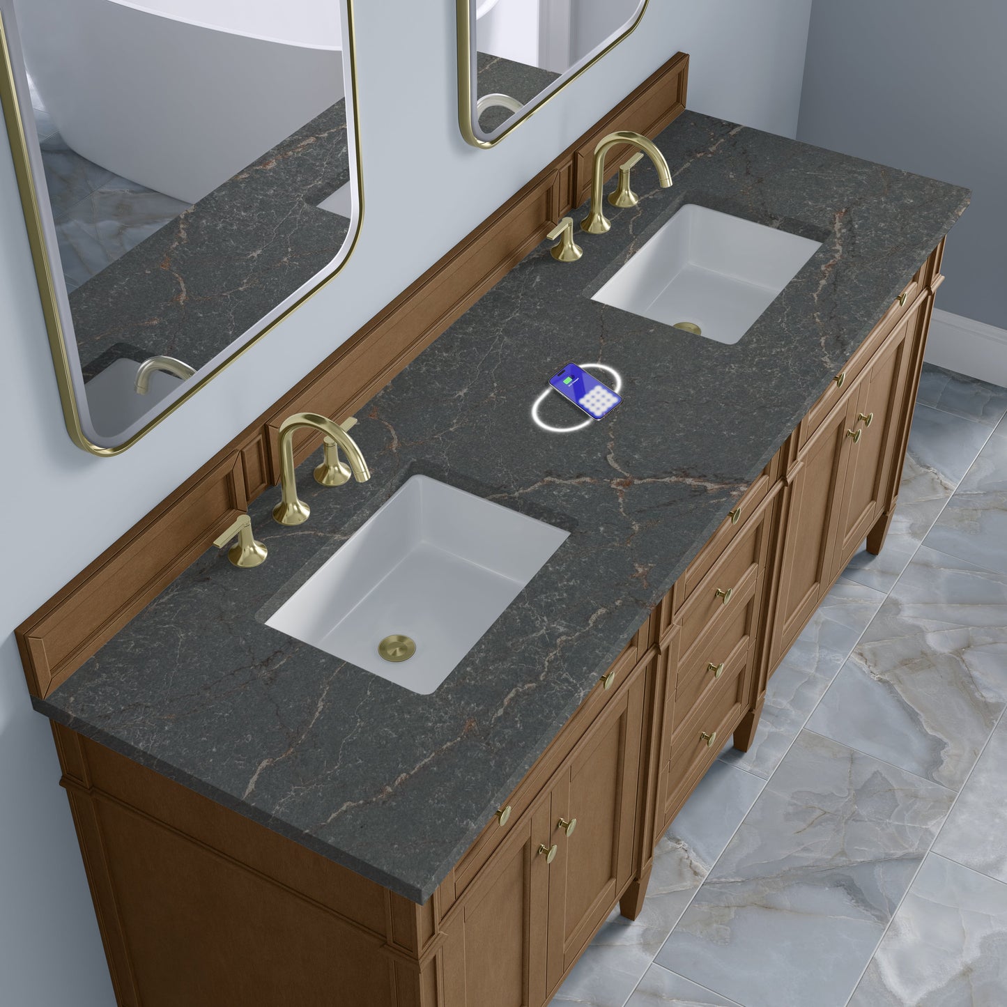 
                  
                    Brittany 72" Double Vanity in Pecan Double bathroom Vanity James Martin Vanities FreePower-Enabled Parisien Bleu Silestone 
                  
                