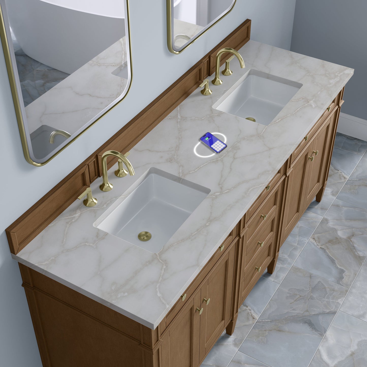 
                  
                    Brittany 72" Double Vanity in Pecan Double bathroom Vanity James Martin Vanities FreePower-Enabled Victorian Silver Silestone 
                  
                