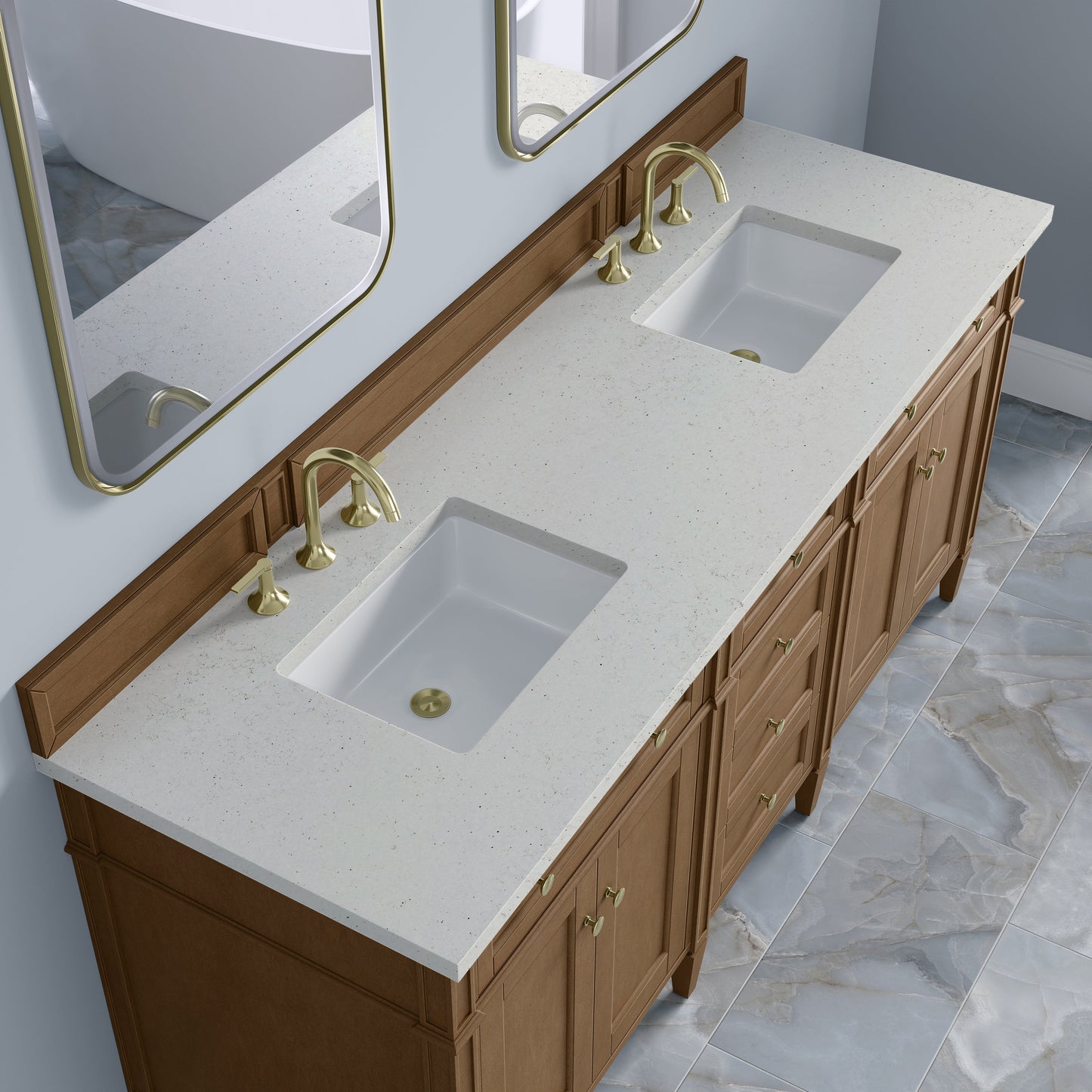 
                  
                    Brittany 72" Double Vanity in Pecan Double bathroom Vanity James Martin Vanities Lime Delight Silestone 
                  
                