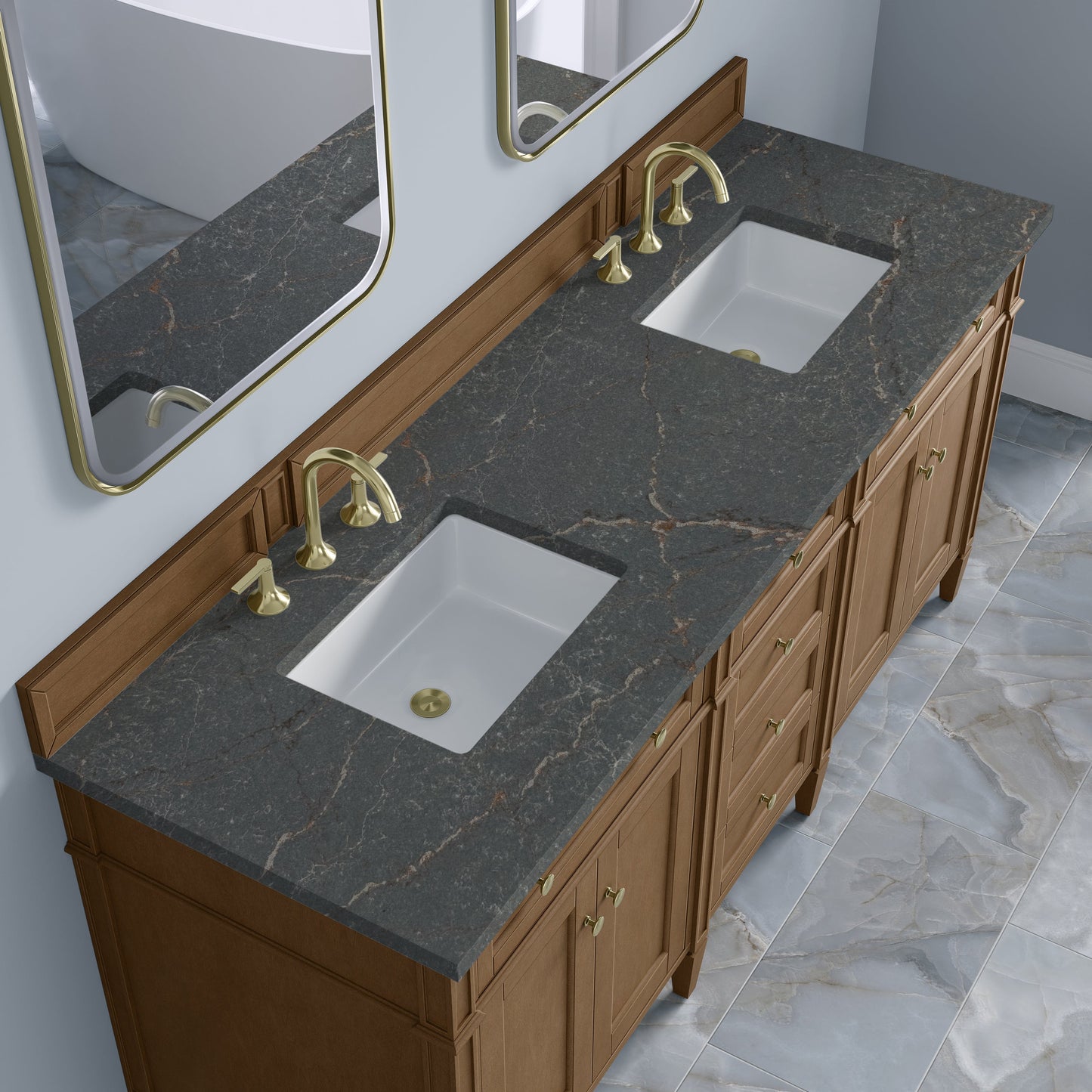 
                  
                    Brittany 72" Double Vanity in Pecan Double bathroom Vanity James Martin Vanities Parisien Bleu Silestone 
                  
                