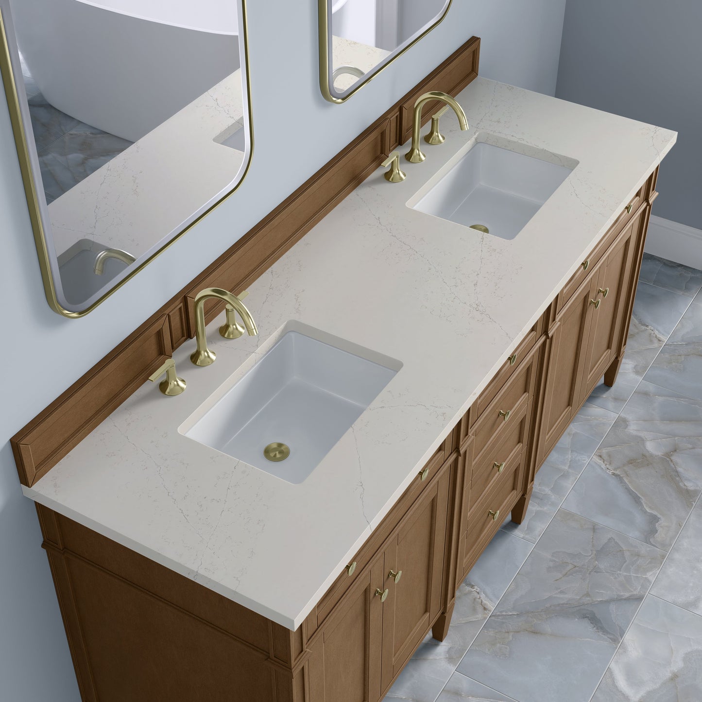 
                  
                    Brittany 72" Double Vanity in Pecan Double bathroom Vanity James Martin Vanities Siberian Silestone 
                  
                