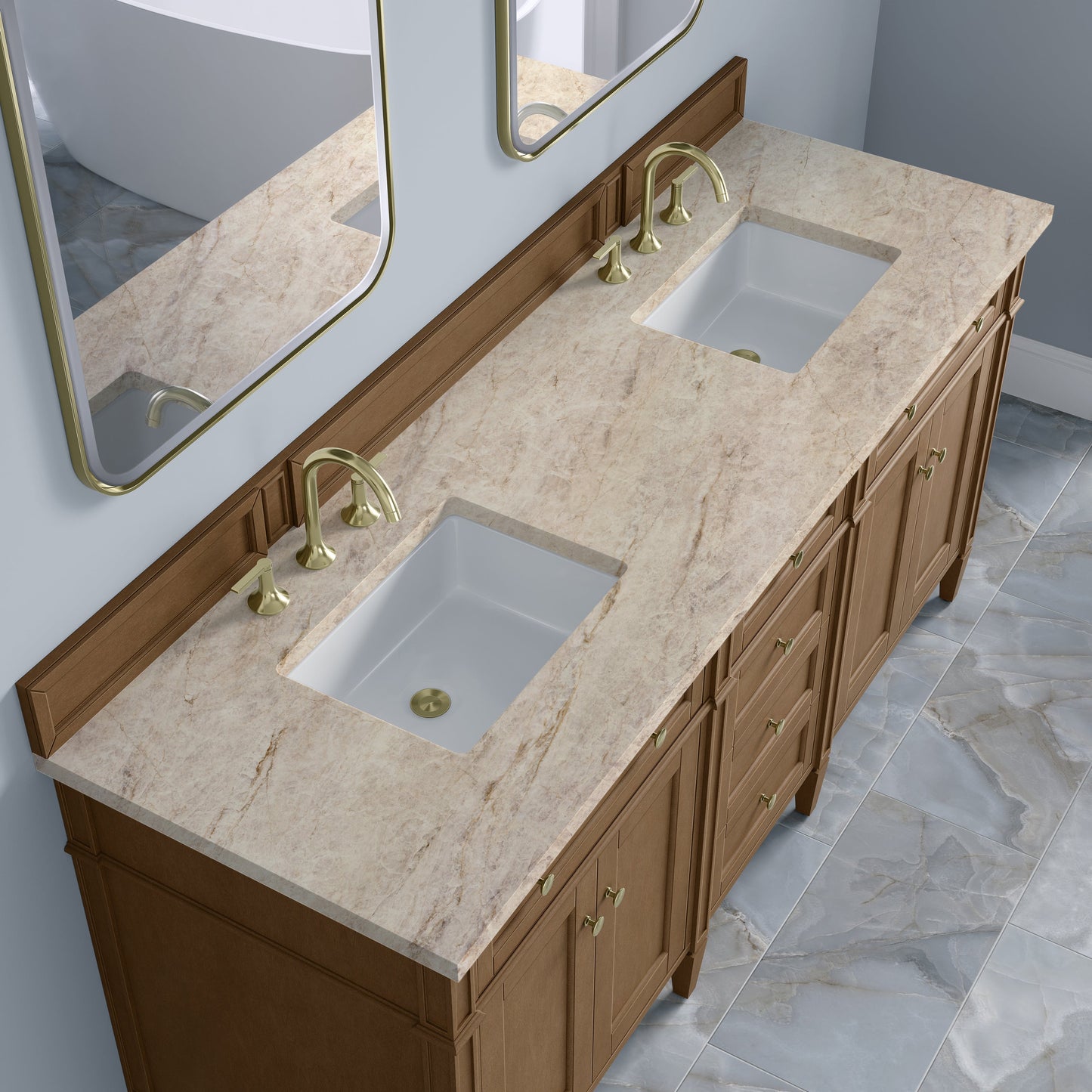 
                  
                    Brittany 72" Double Vanity in Pecan Double bathroom Vanity James Martin Vanities Tajnar Eclos 
                  
                