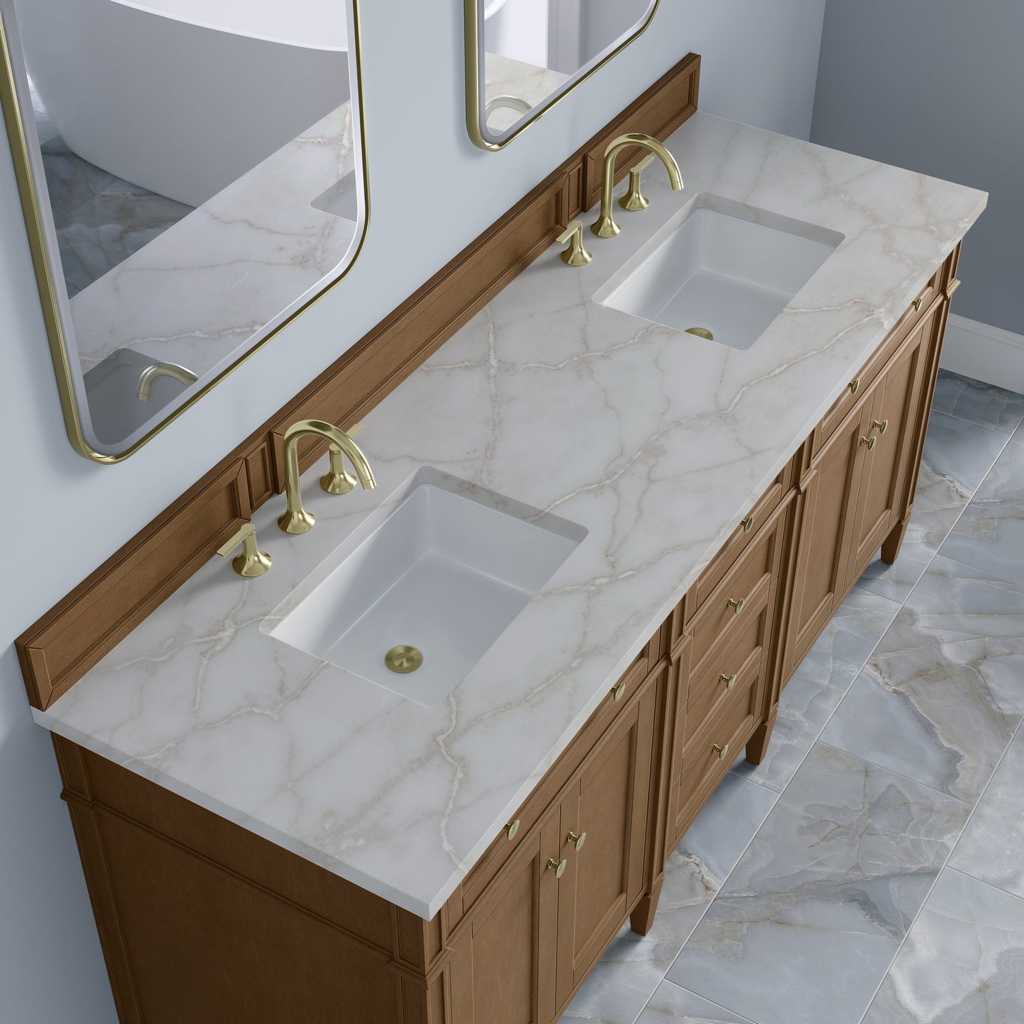 
                  
                    Brittany 72" Double Vanity in Pecan Double bathroom Vanity James Martin Vanities Victorian Silver Silestone 
                  
                
