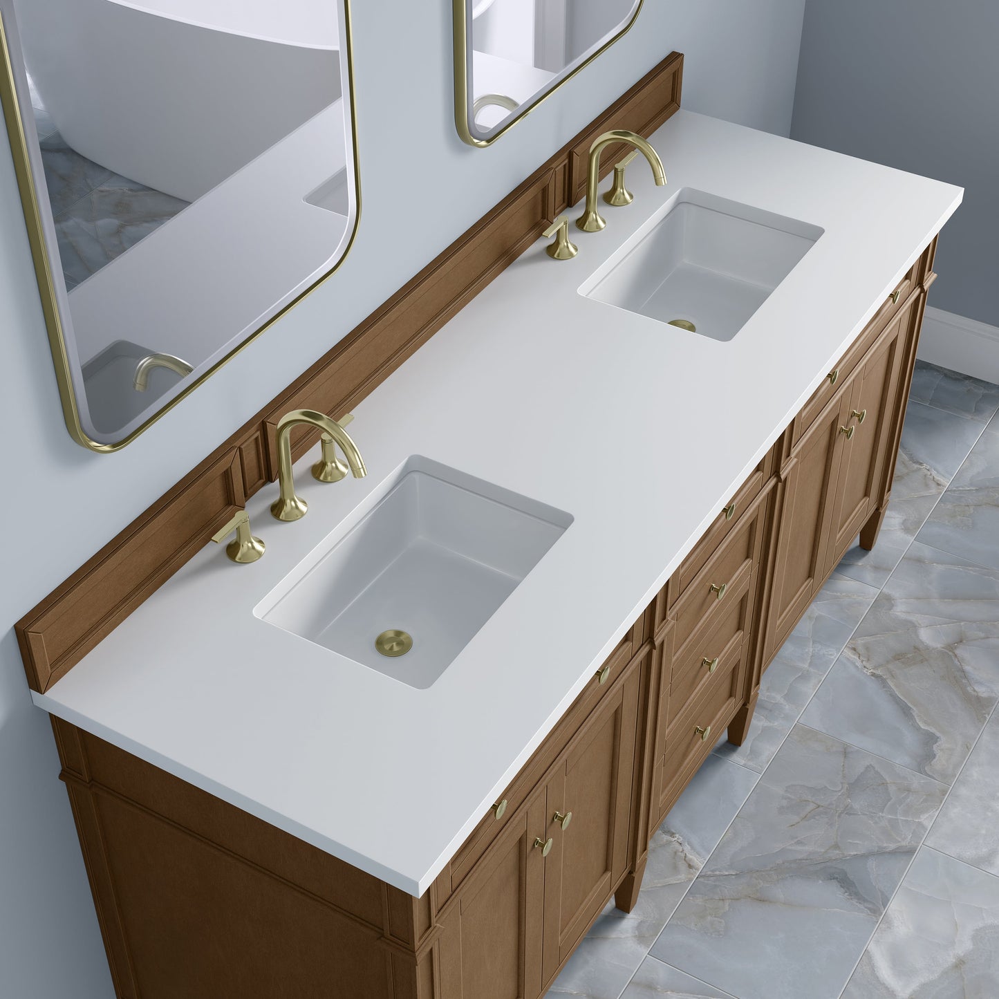 
                  
                    Brittany 72" Double Vanity in Pecan Double bathroom Vanity James Martin Vanities White Zeus Silestone 
                  
                