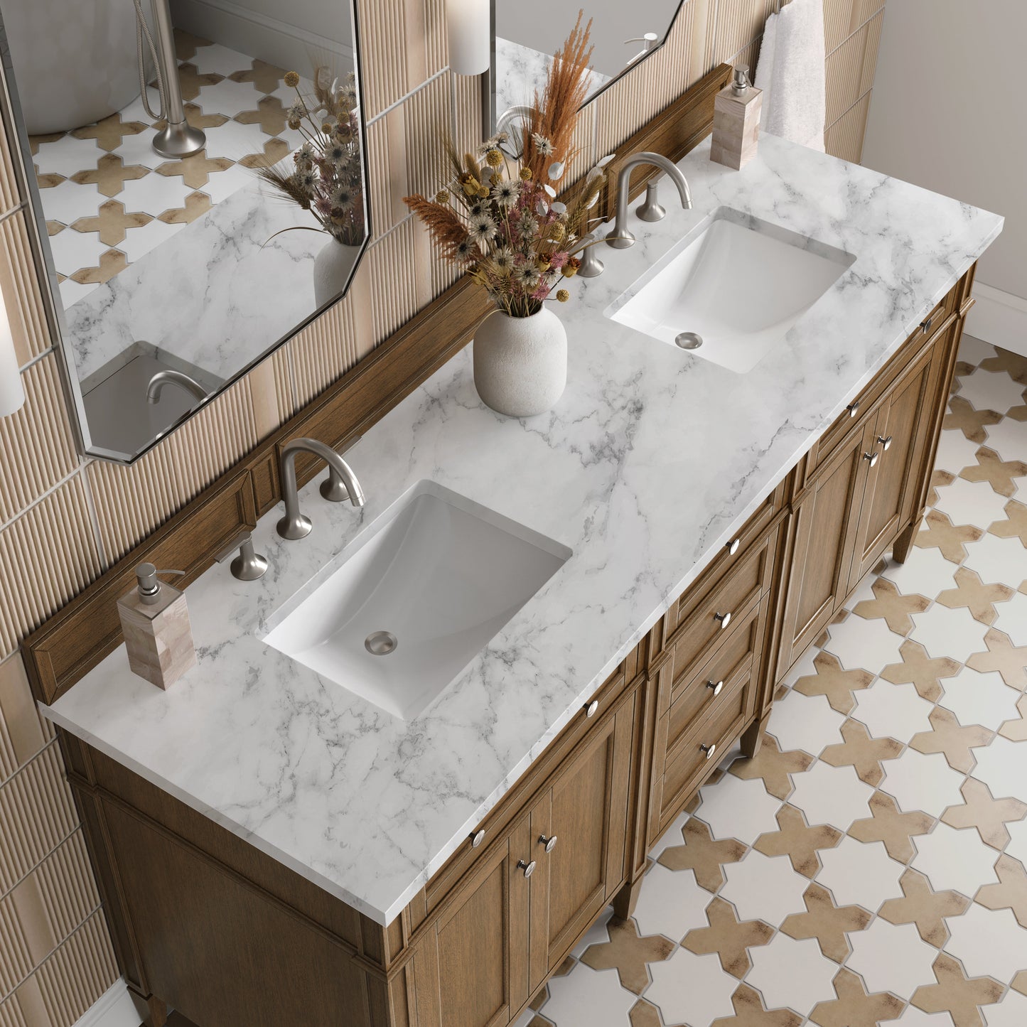 
                  
                    Brittany 72" Double Vanity in Saddle Brown Double Bathroom Vanity James Martin Vanities Carrara White Marble 
                  
                