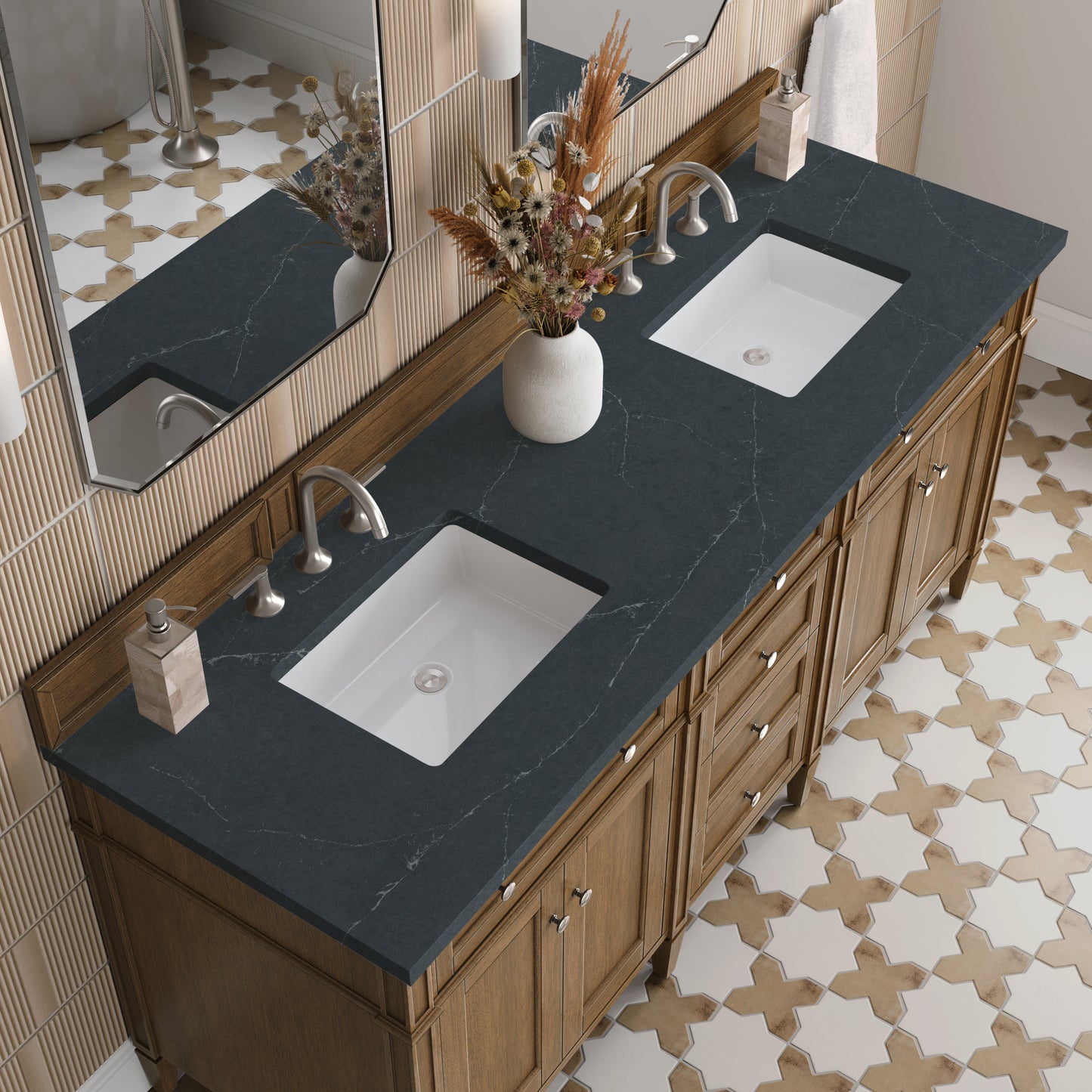 
                  
                    Brittany 72" Double Vanity in Saddle Brown Double Bathroom Vanity James Martin Vanities Charcoal Soapstone Silestone 
                  
                