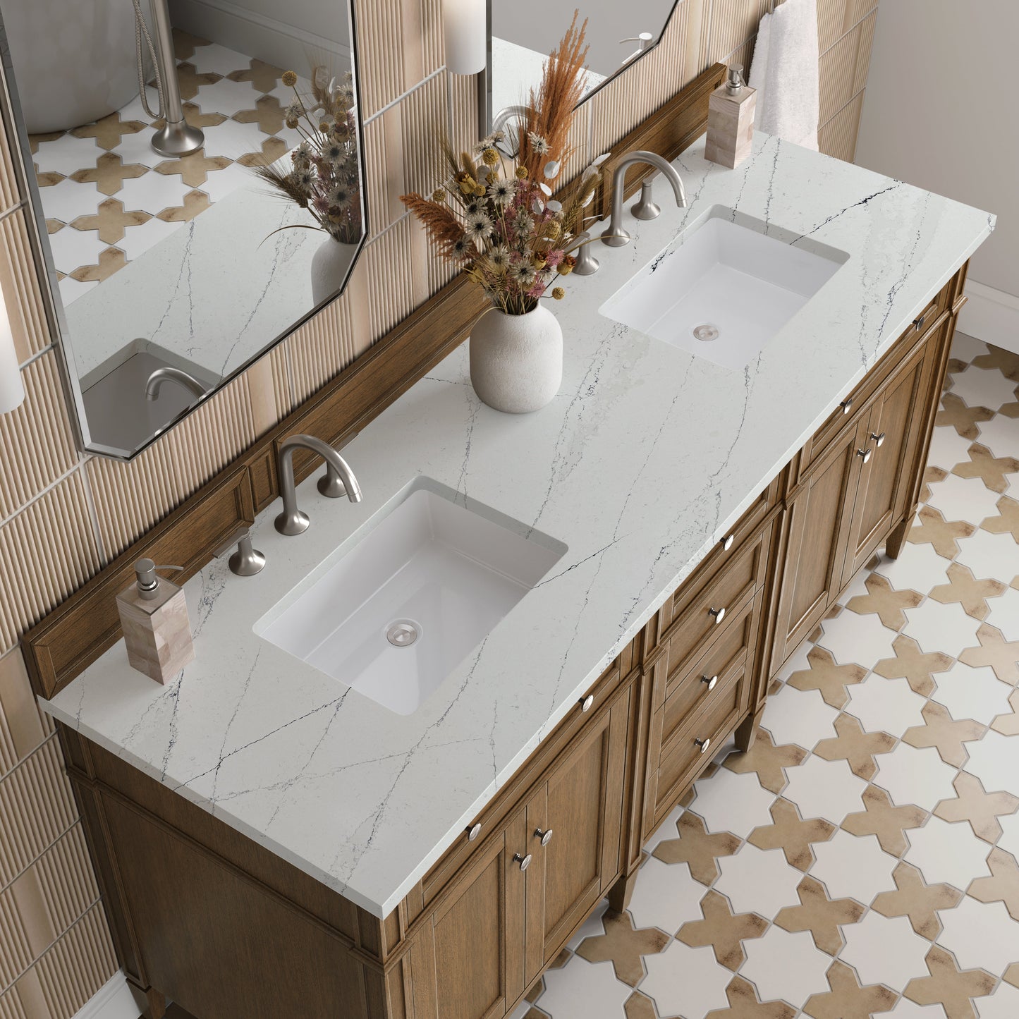 
                  
                    Brittany 72" Double Vanity in Saddle Brown Double Bathroom Vanity James Martin Vanities Ethereal Noctis Silestone 
                  
                