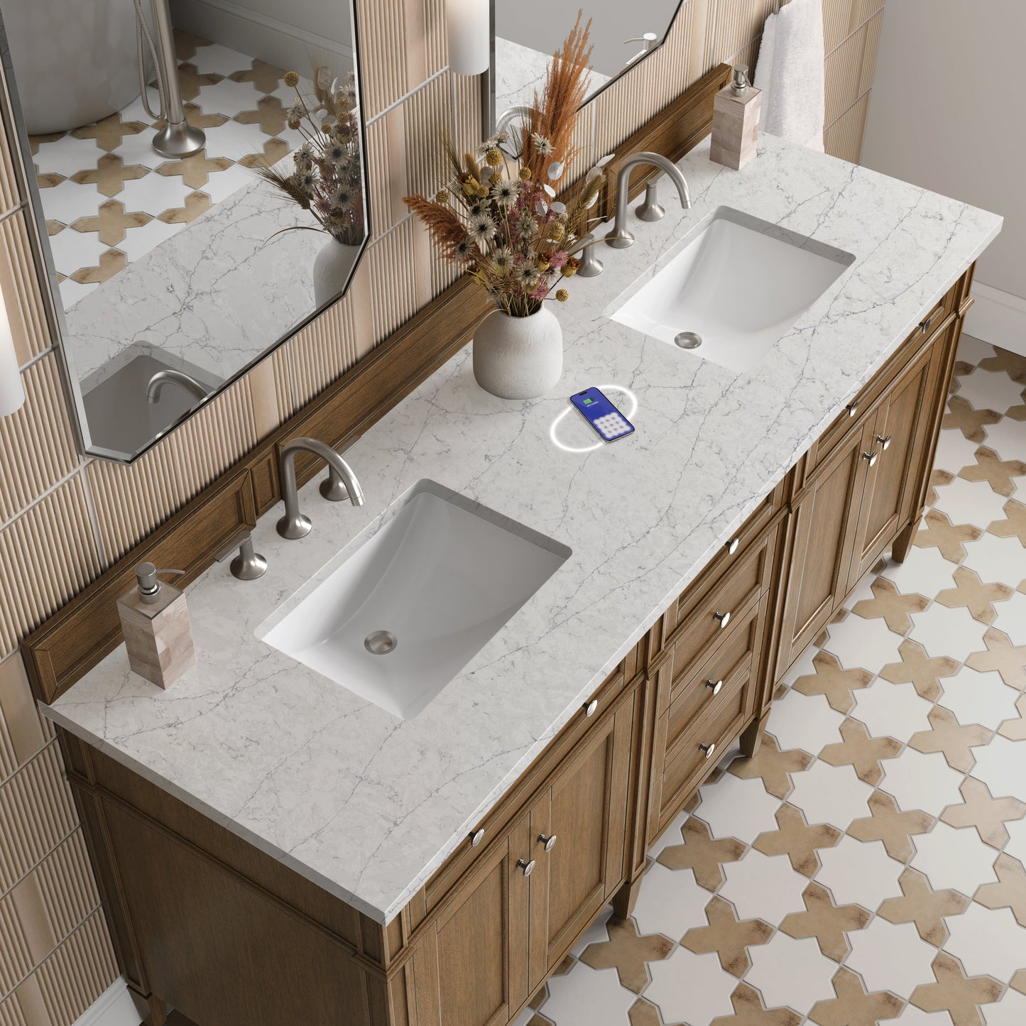 
                  
                    Brittany 72" Double Vanity in Saddle Brown Double Bathroom Vanity James Martin Vanities FreePower-Enabled Eternal Jasmine Pearl Silestone 
                  
                