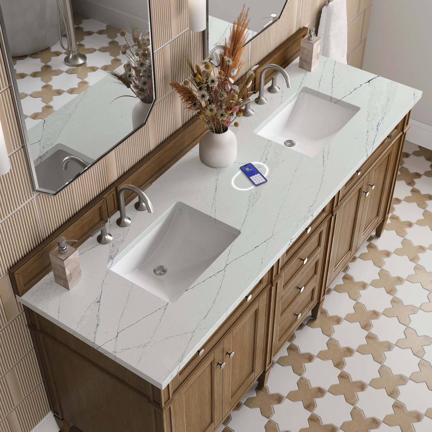 
                  
                    Brittany 72" Double Vanity in Saddle Brown Double Bathroom Vanity James Martin Vanities FreePower-Enabled Ethereal Noctis Silestone 
                  
                