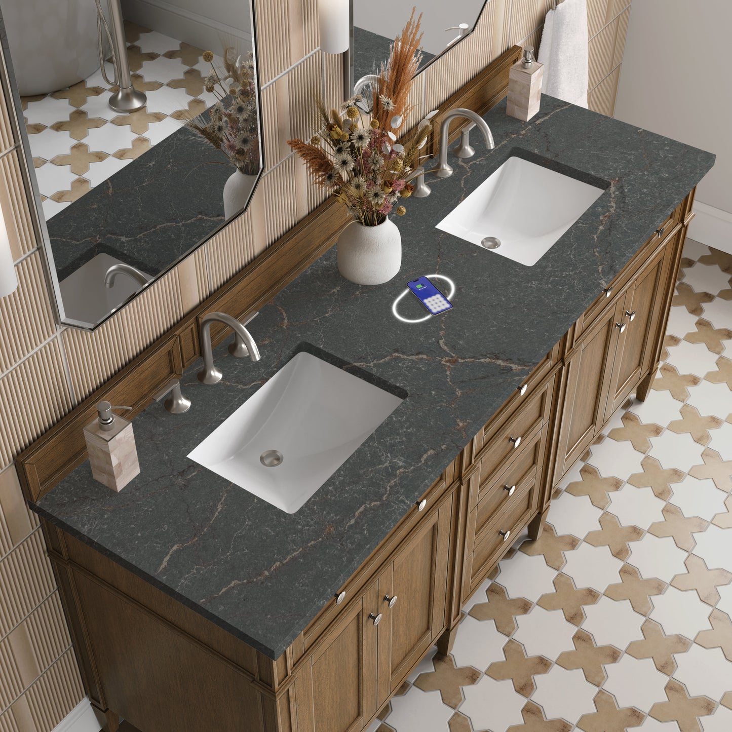 
                  
                    Brittany 72" Double Vanity in Saddle Brown Double Bathroom Vanity James Martin Vanities FreePower-Enabled Parisien Bleu Silestone 
                  
                