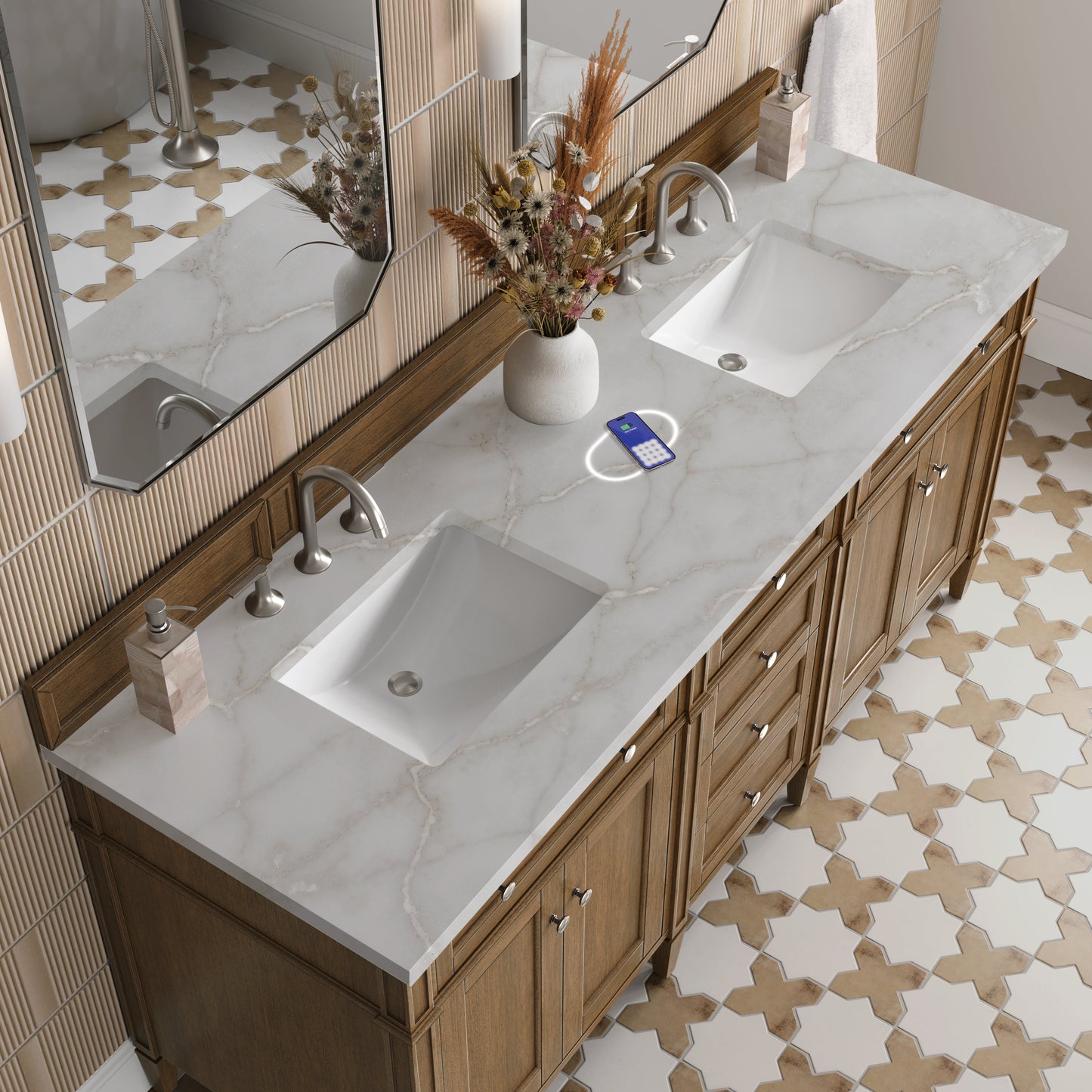 
                  
                    Brittany 72" Double Vanity in Saddle Brown Double Bathroom Vanity James Martin Vanities FreePower-Enabled Victorian Silver Silestone 
                  
                