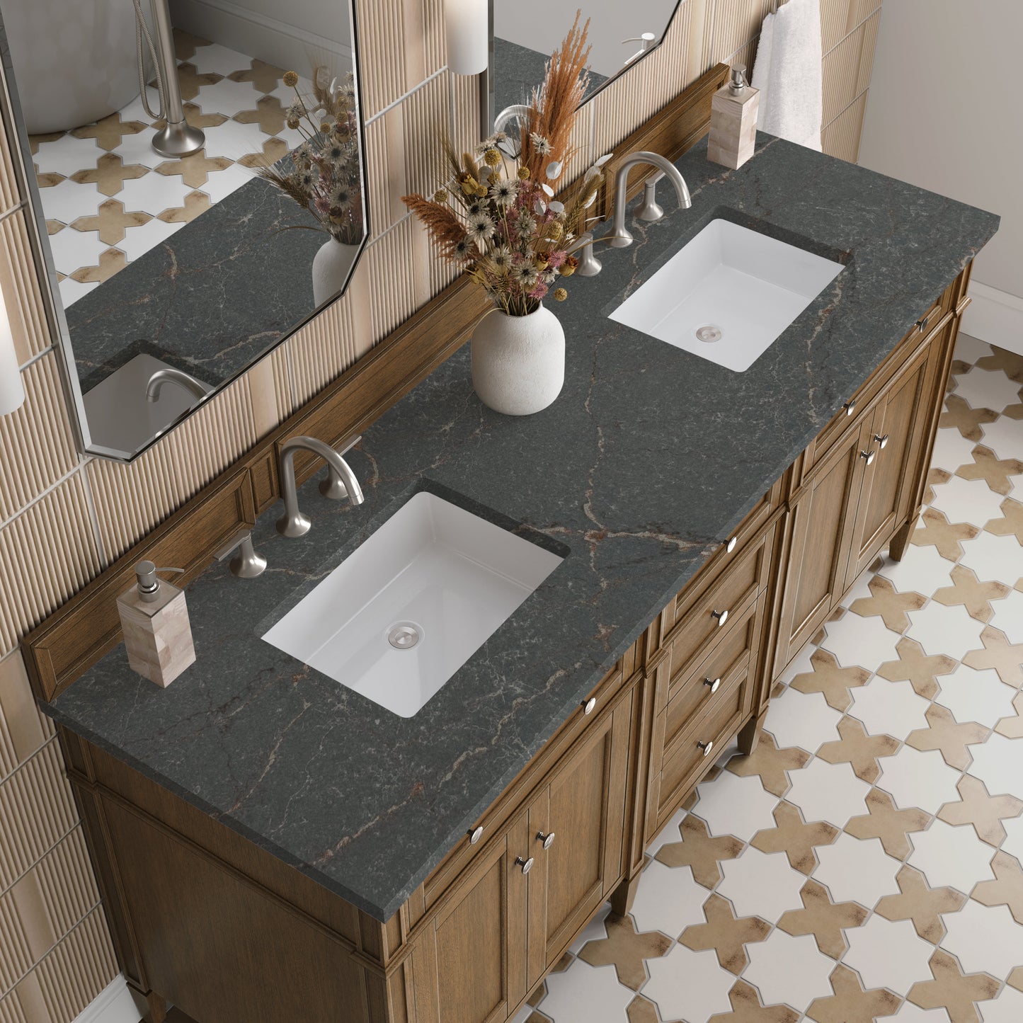 
                  
                    Brittany 72" Double Vanity in Saddle Brown Double Bathroom Vanity James Martin Vanities Parisien Bleu Silestone 
                  
                