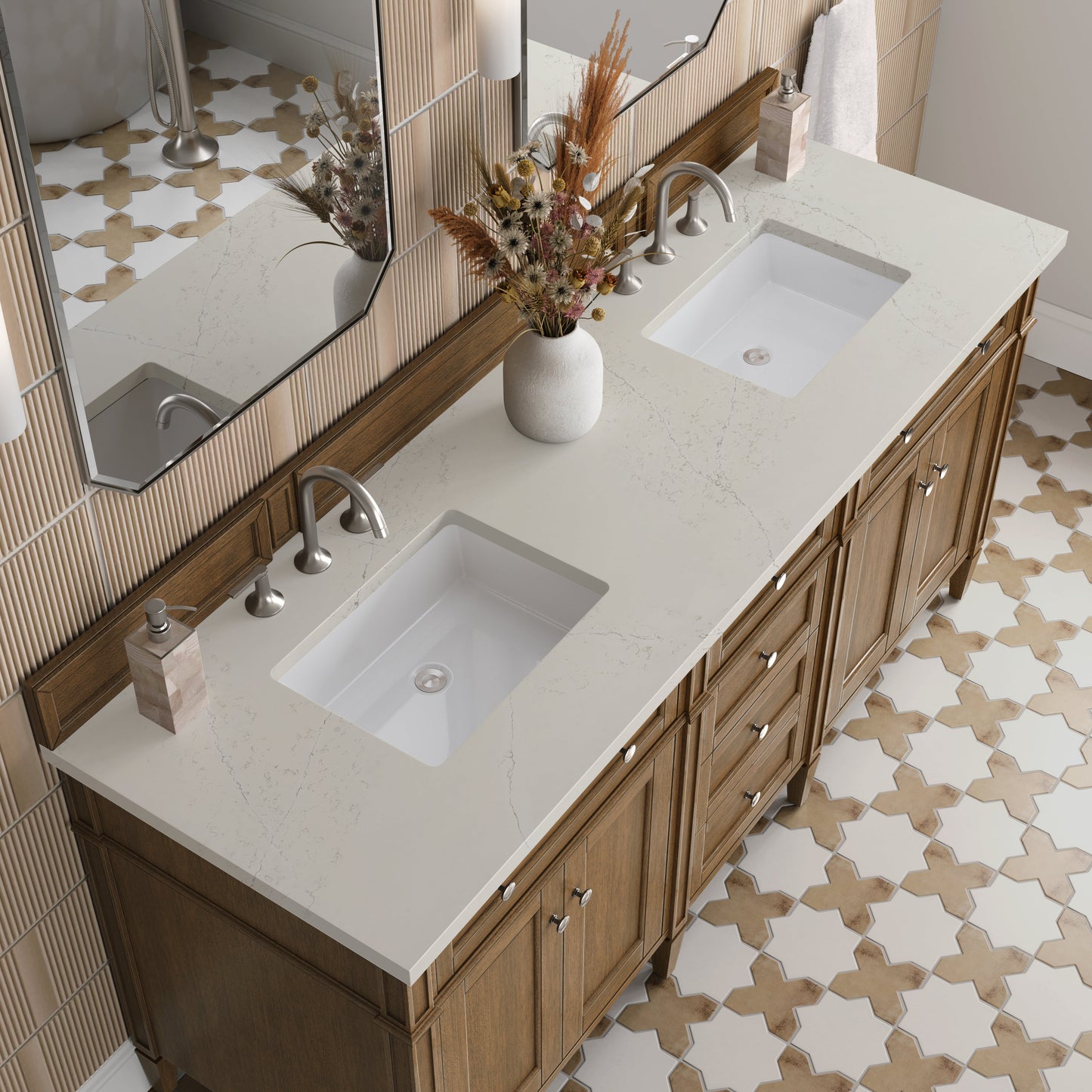 
                  
                    Brittany 72" Double Vanity in Saddle Brown Double Bathroom Vanity James Martin Vanities Siberian Silestone 
                  
                
