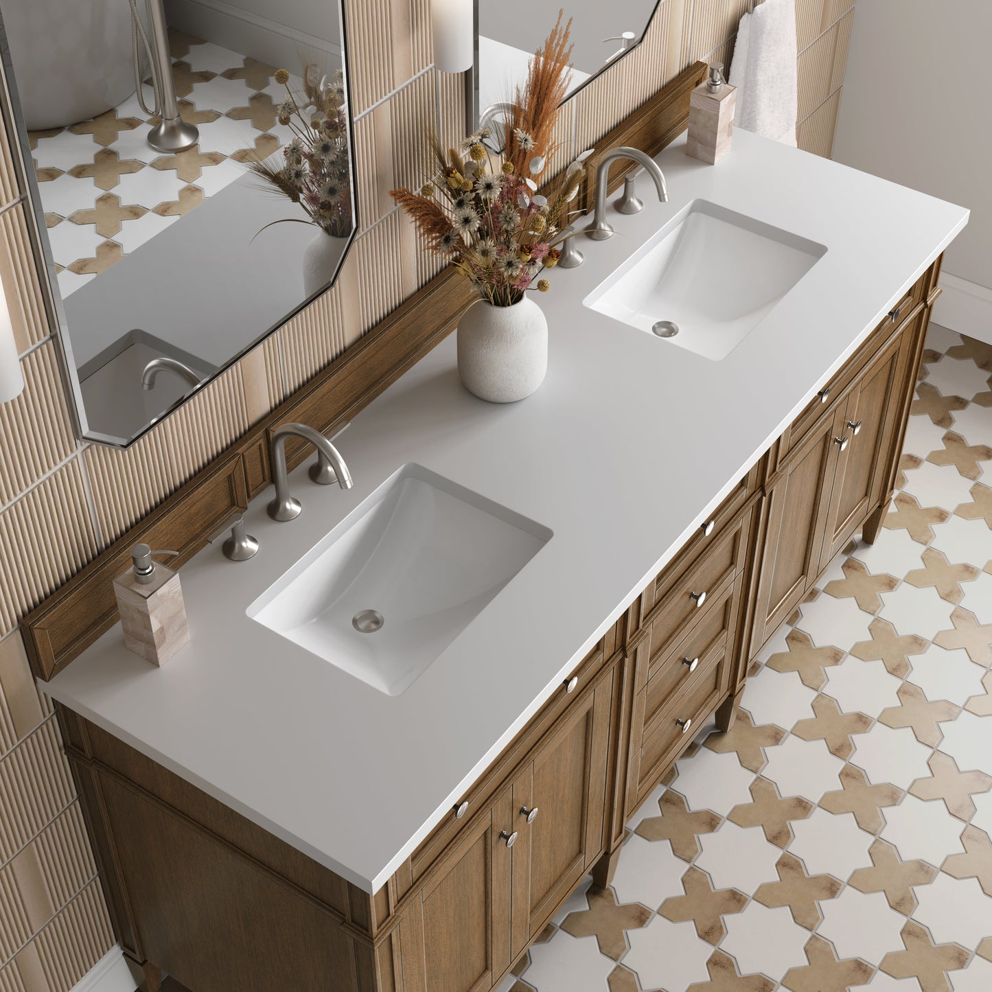 
                  
                    Brittany 72" Double Vanity in Saddle Brown Double Bathroom Vanity James Martin Vanities White Zeus Silestone 
                  
                