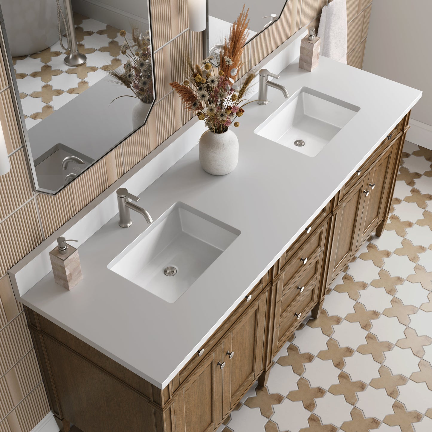 
                  
                    Brittany 72" Double Vanity in Saddle Brown Double Bathroom Vanity James Martin Vanities White Zeus Single Faucet Silestone Top w/Backsplash 
                  
                