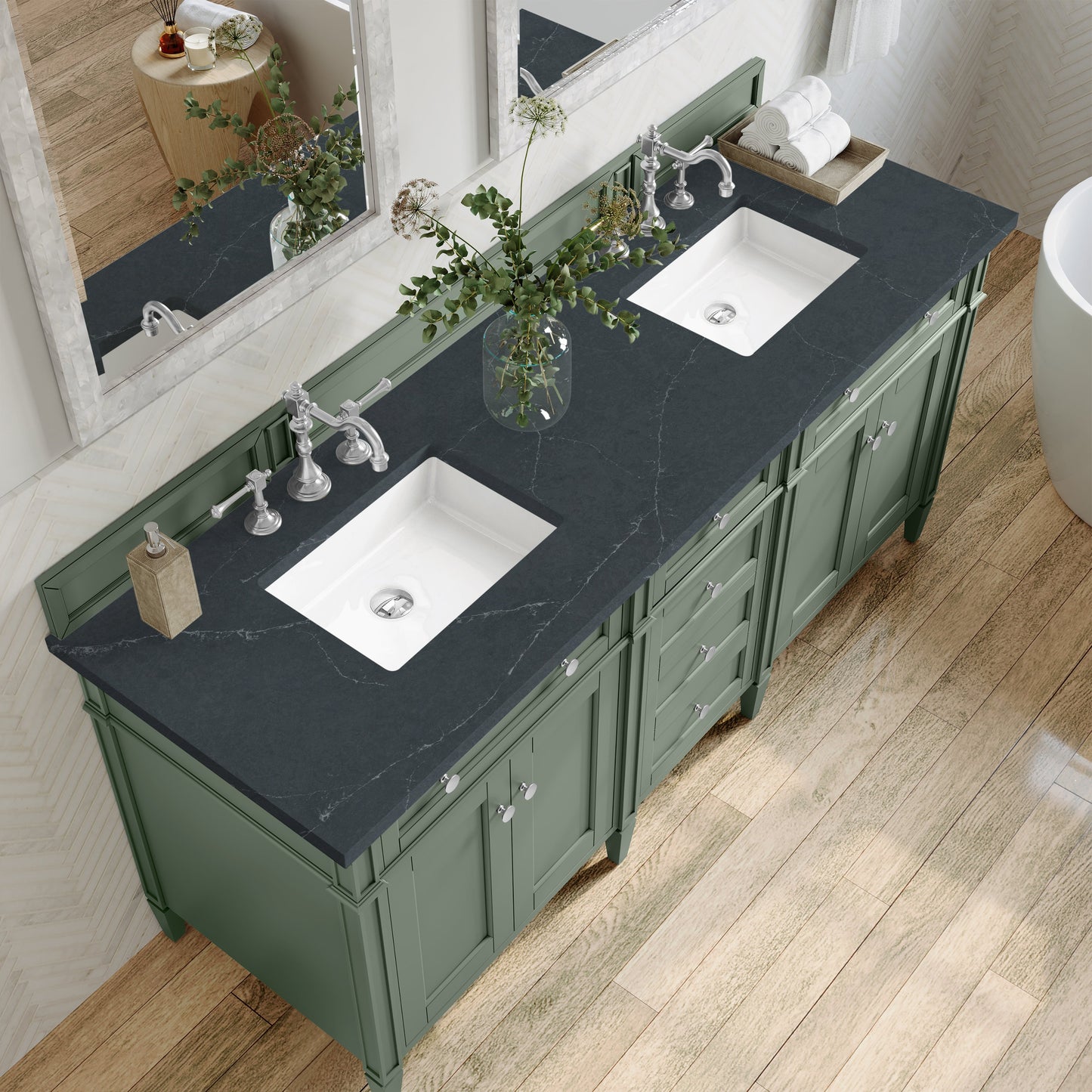
                  
                    Brittany 72" Double Vanity in Smokey Celadon Double bathroom Vanity James Martin Vanities Charcoal Soapstone Silestone 
                  
                