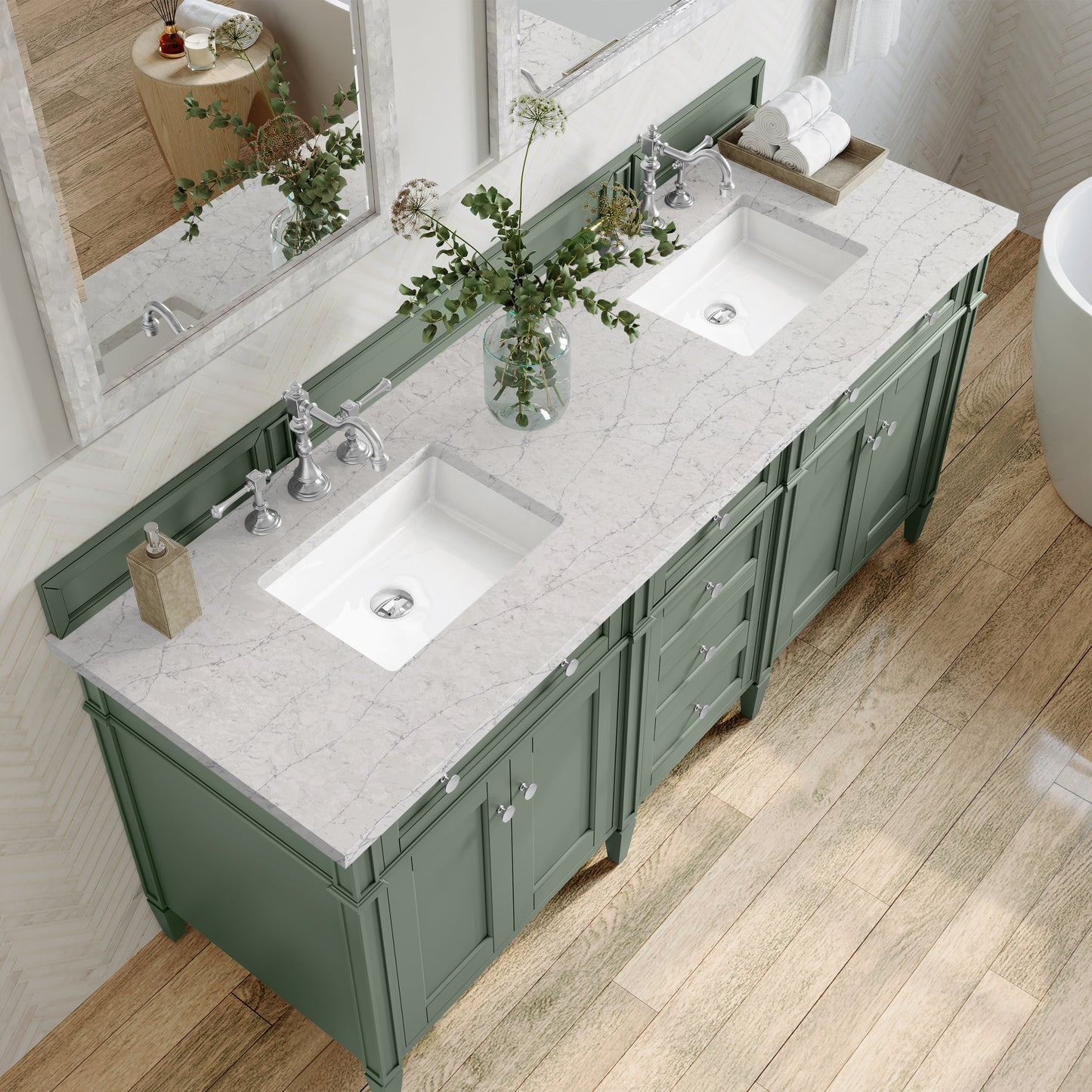 
                  
                    Brittany 72" Double Vanity in Smokey Celadon Double bathroom Vanity James Martin Vanities Eternal Jasmine Pearl Silestone 
                  
                