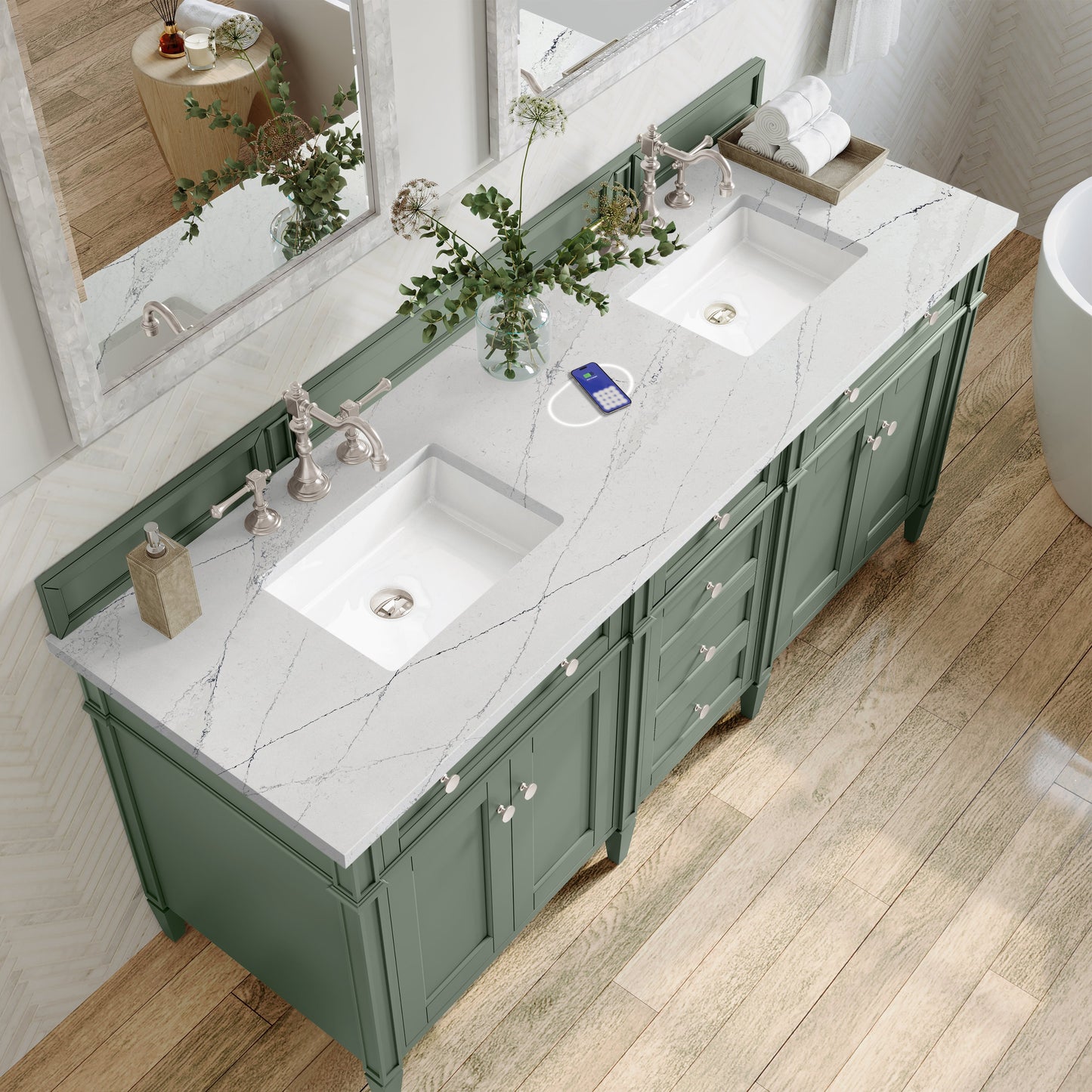 
                  
                    Brittany 72" Double Vanity in Smokey Celadon Double bathroom Vanity James Martin Vanities FreePower-Enabled Ethereal Noctis Silestone 
                  
                