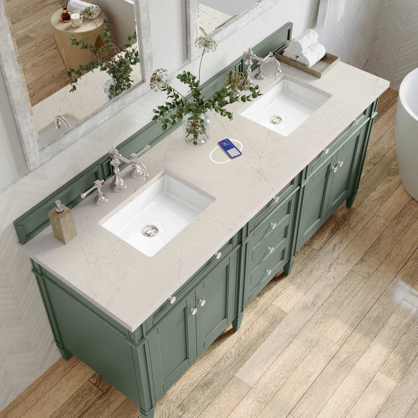 
                  
                    Brittany 72" Double Vanity in Smokey Celadon Double bathroom Vanity James Martin Vanities FreePower-Enabled Siberian Silestone 
                  
                