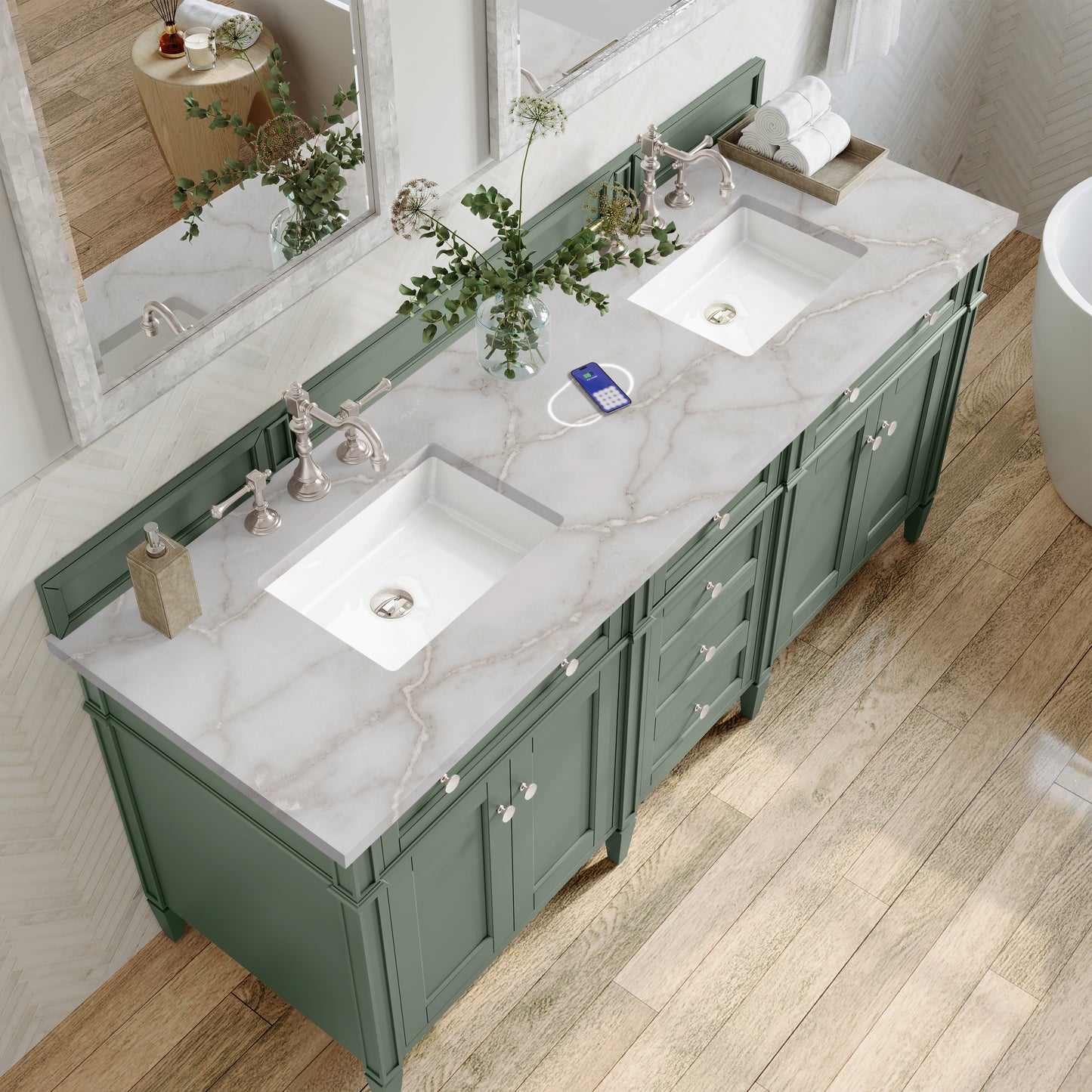 
                  
                    Brittany 72" Double Vanity in Smokey Celadon Double bathroom Vanity James Martin Vanities FreePower-Enabled Victorian Silver Silestone 
                  
                