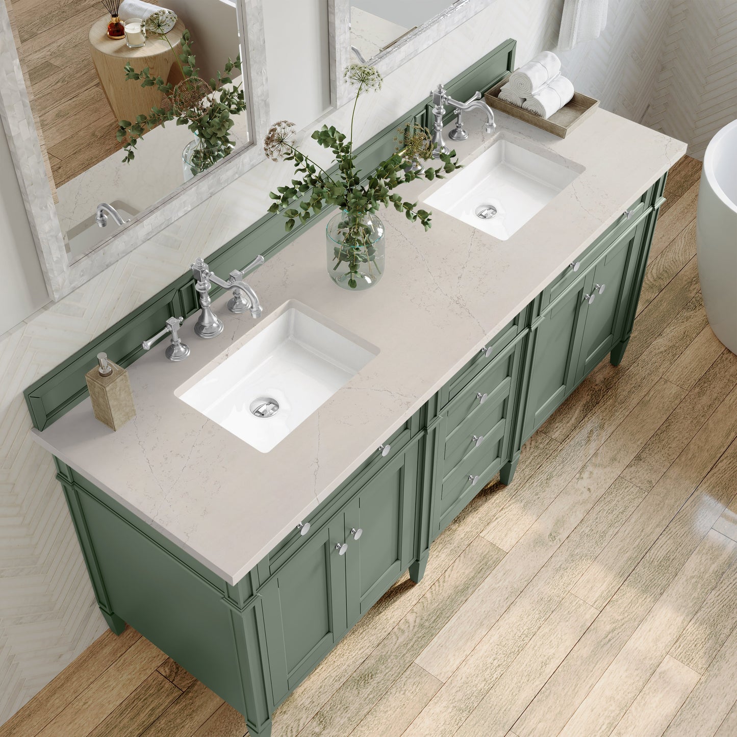 
                  
                    Brittany 72" Double Vanity in Smokey Celadon Double bathroom Vanity James Martin Vanities Siberian Silestone 
                  
                
