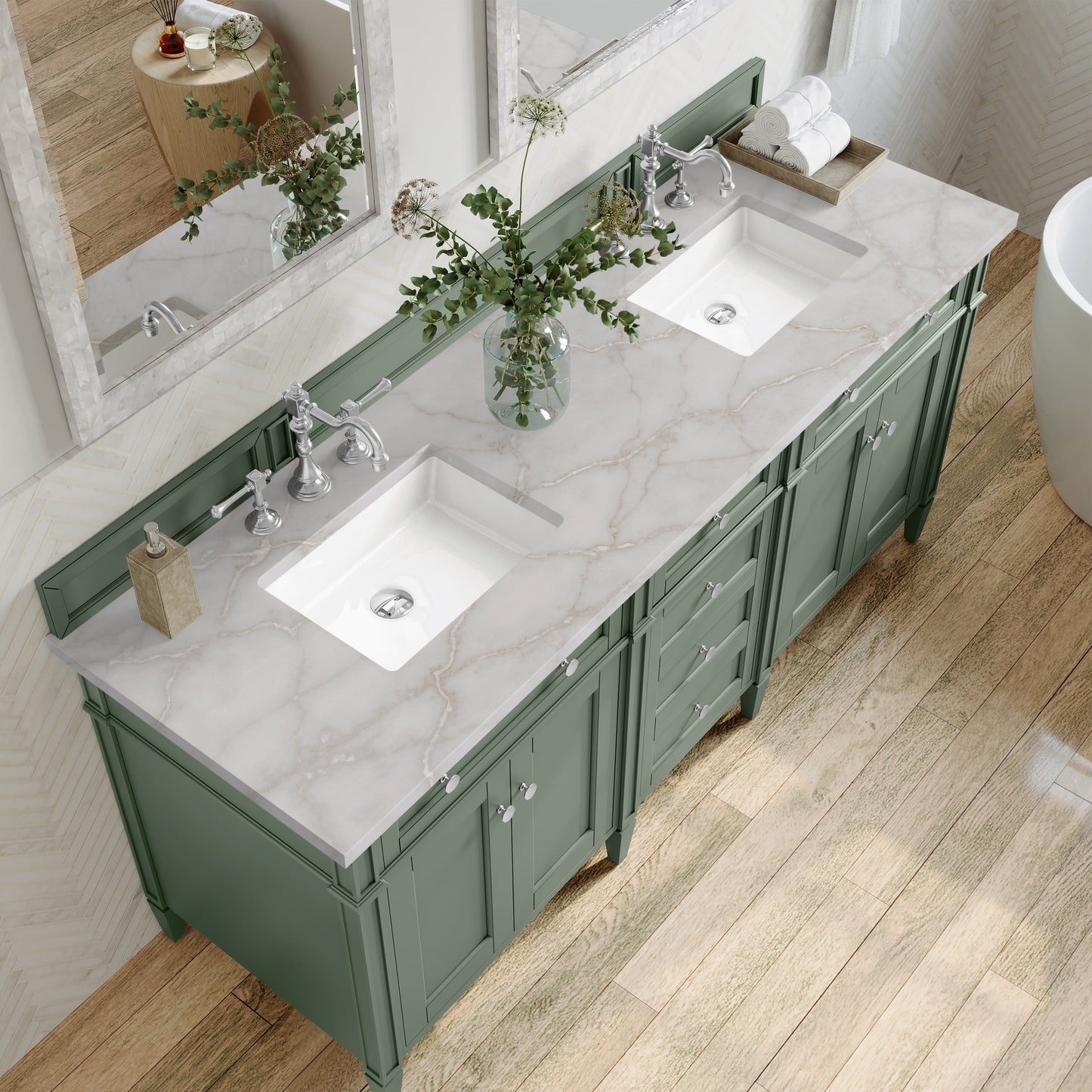 
                  
                    Brittany 72" Double Vanity in Smokey Celadon Double bathroom Vanity James Martin Vanities Victorian Silver Silestone 
                  
                