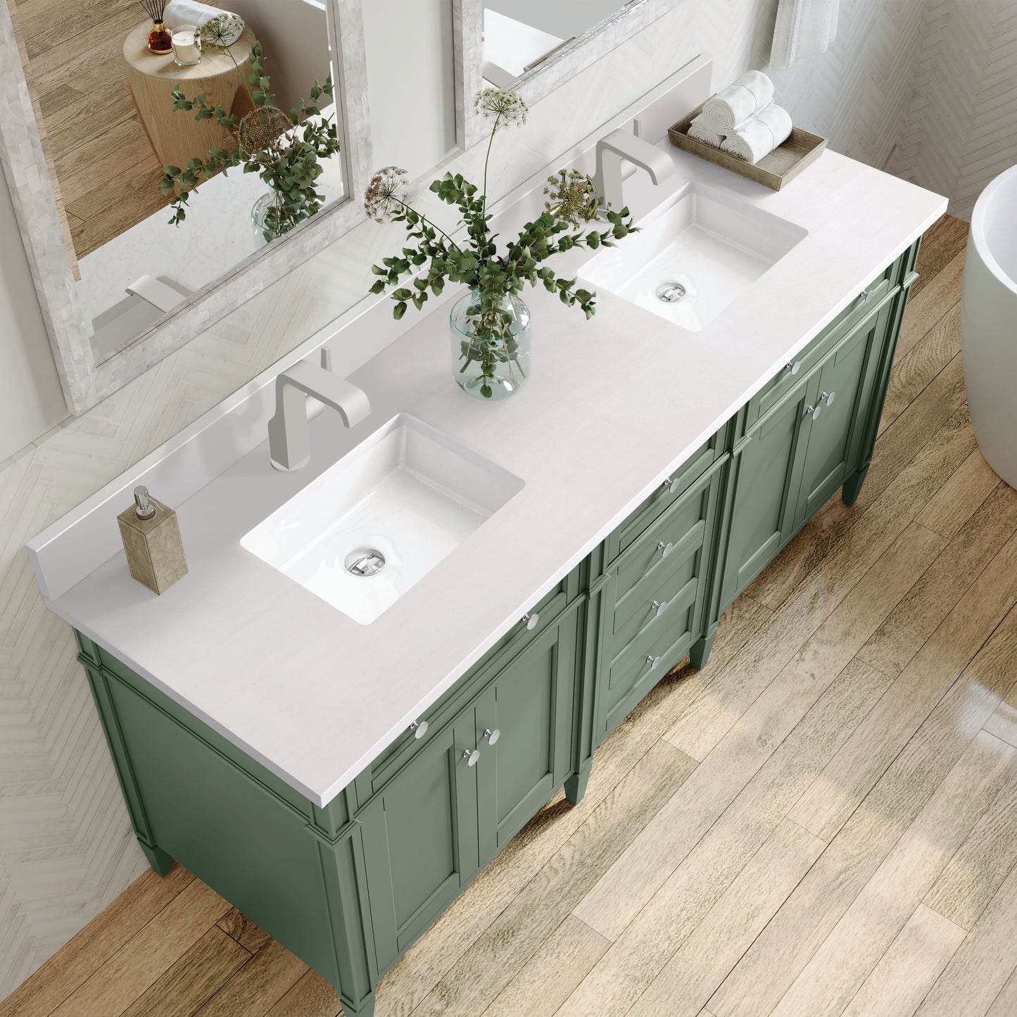 
                  
                    Brittany 72" Double Vanity in Smokey Celadon Double bathroom Vanity James Martin Vanities White Zeus Single Faucet Silestone Top w/Backsplash 
                  
                