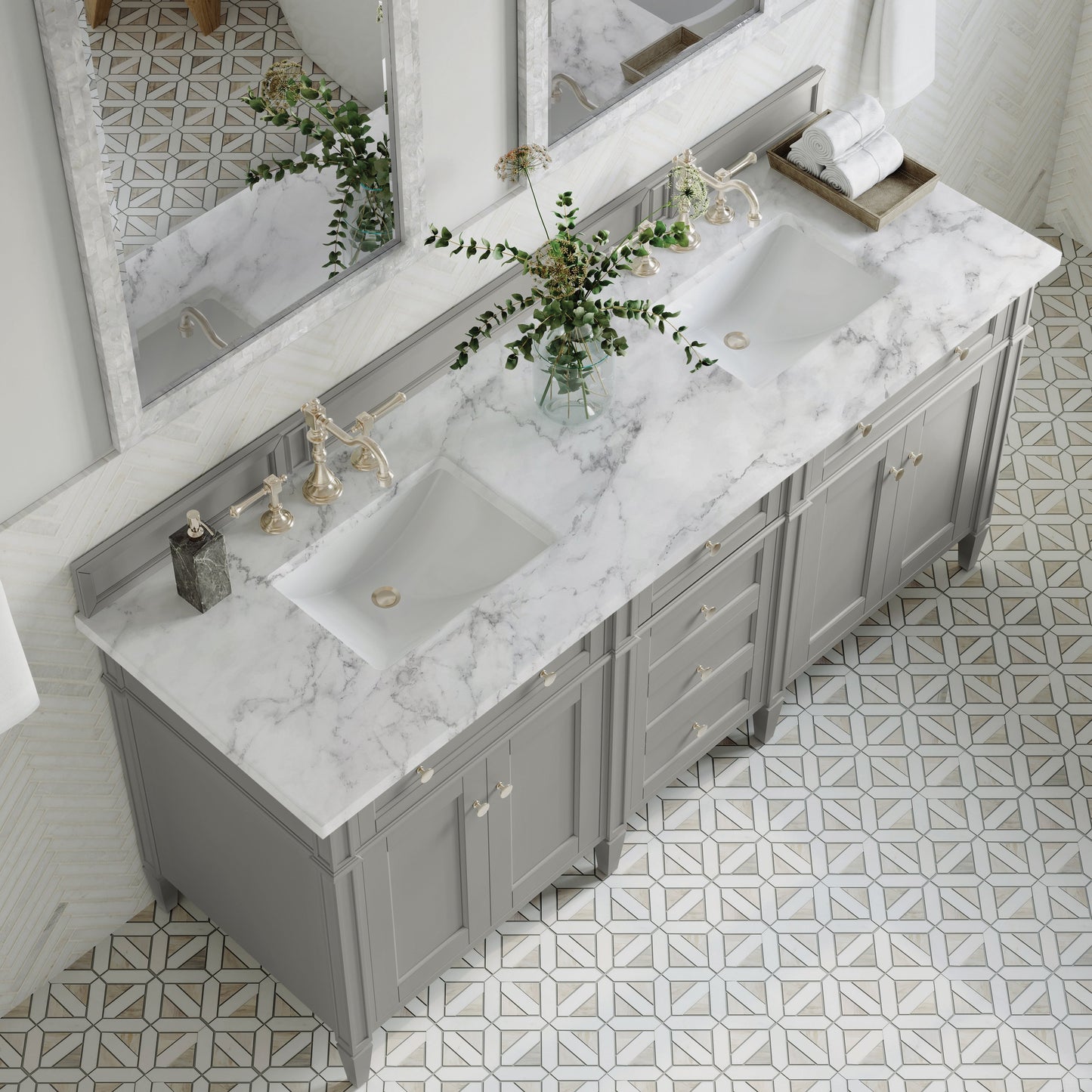 
                  
                    Brittany 72" Double Vanity in Urban Gray Double bathroom Vanity James Martin Vanities Carrara White Marble 
                  
                