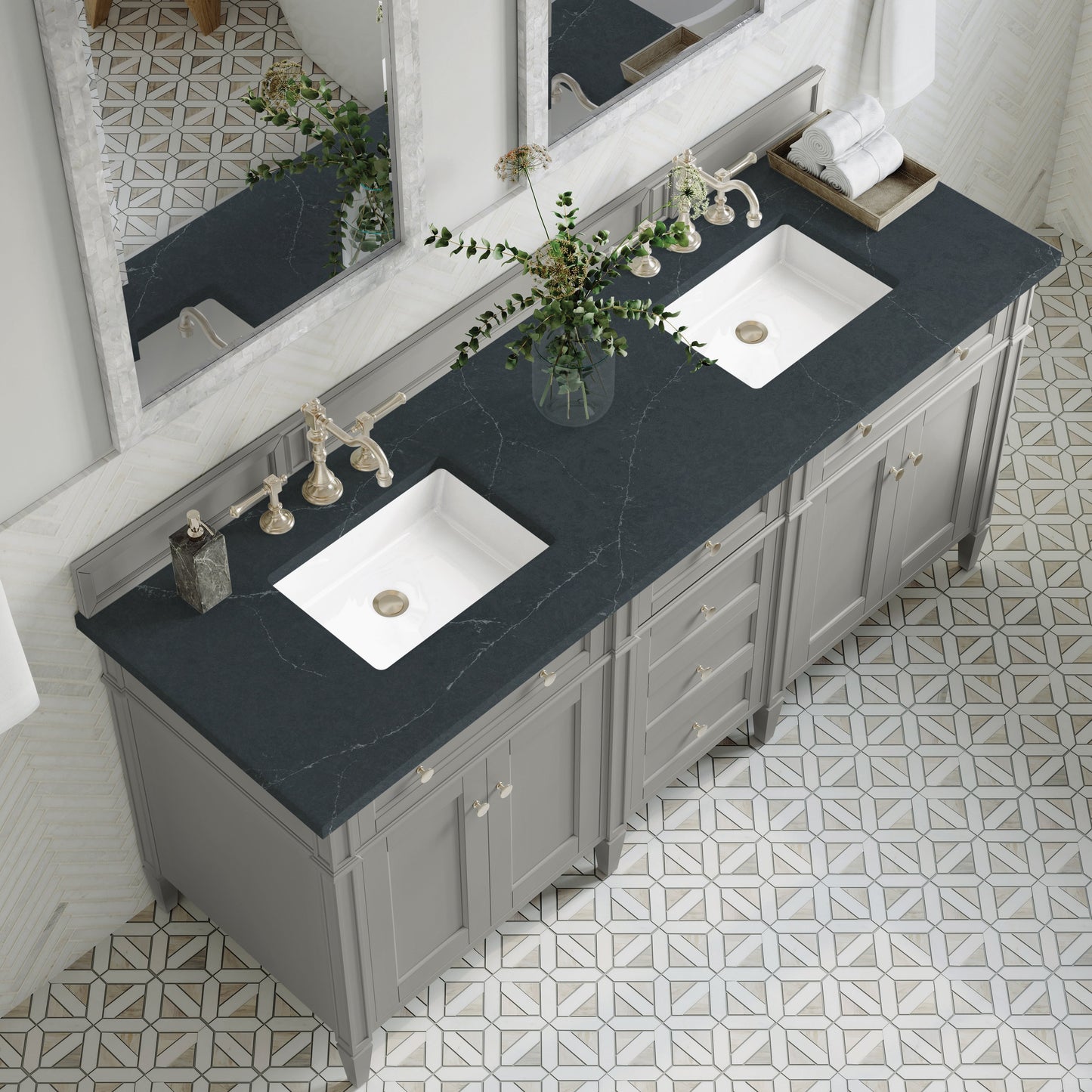 
                  
                    Brittany 72" Double Vanity in Urban Gray Double bathroom Vanity James Martin Vanities Charcoal Soapstone Silestone 
                  
                